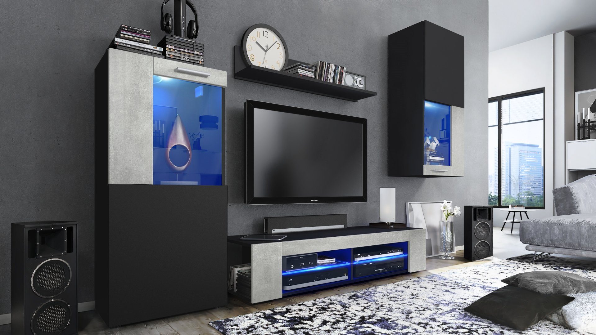 Vladon Wohnwand Movie, (Anbauwand, 5-St., bestehend aus 1 TV-Board, 2 Vitrinen und 1 Regal), Schwarz matt/Beton Oxid-Optik mit Beleuchtung (300x190x39 cm)