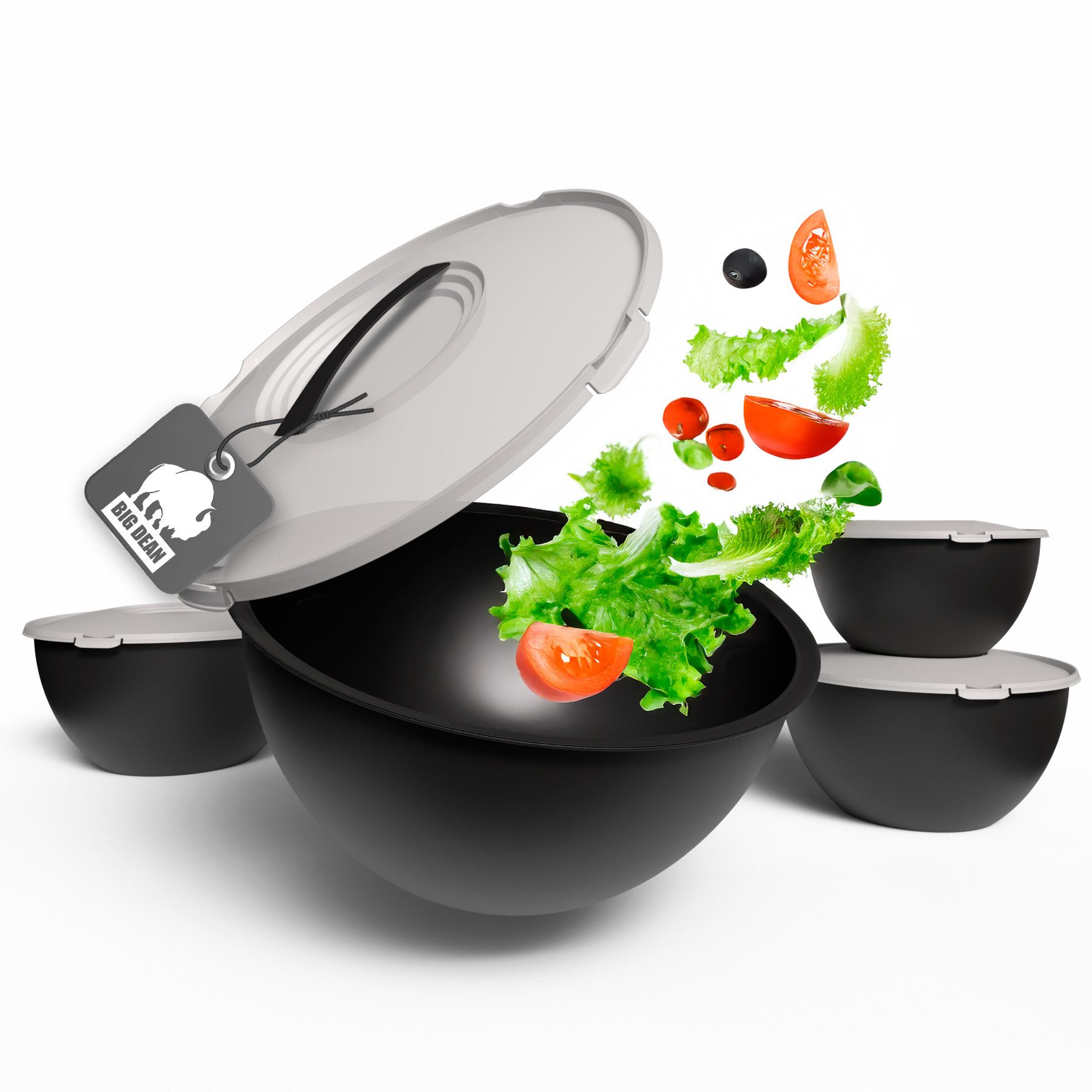 BigDean Salatschüssel Set groß mit Deckel, 4 Größen 0,7-6 L in Anthrazit Schwarz, Kunststoff, (Set, 1-tlg), BPA-Frei, Spülmaschinenfest, Pflegeleicht, Alltagstauglich
