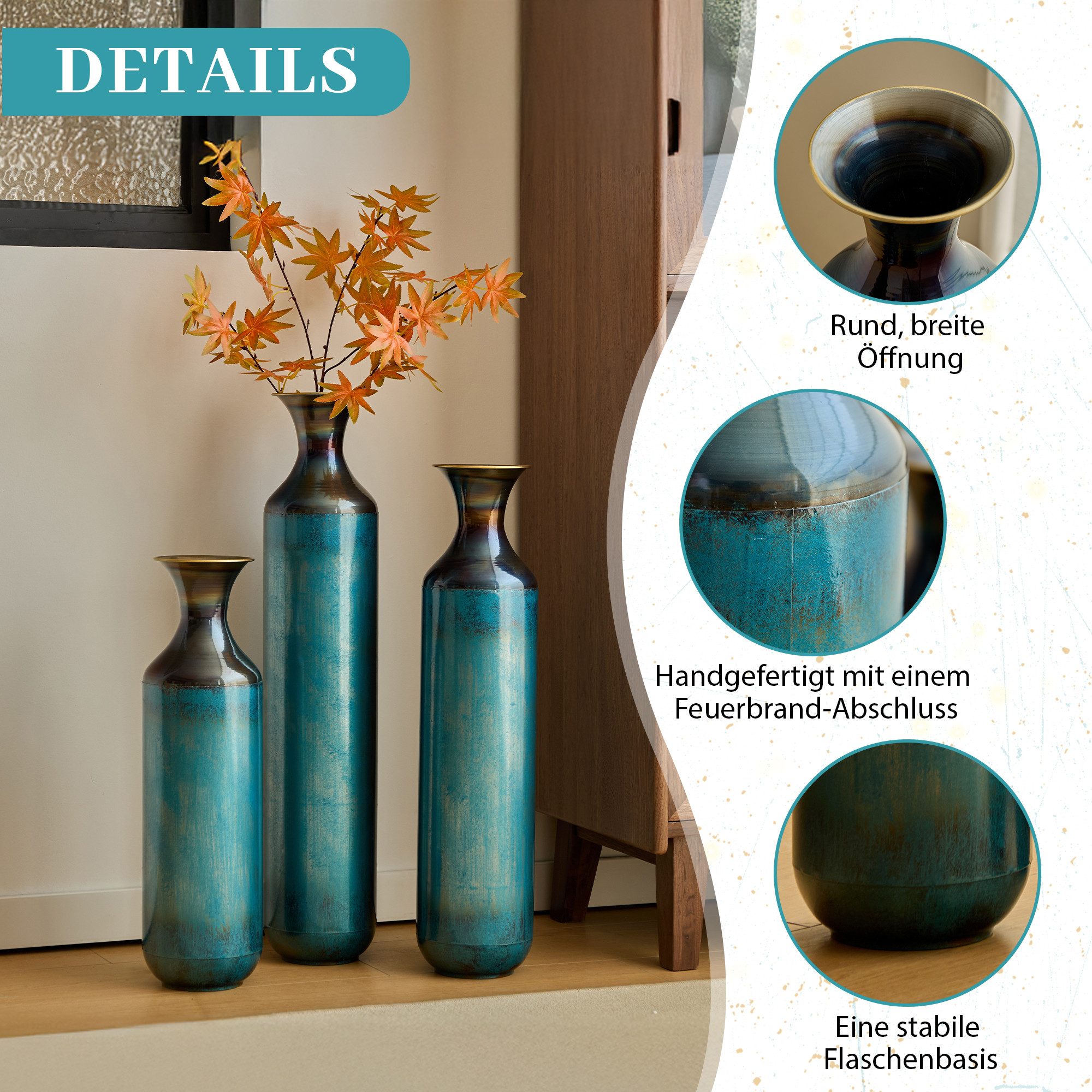 KLAM HOME Bodenvase Große Bodenvase 3er Set aus Metall, (50/65/83 cm), Mid-Century Modern (Dekovase Boden bis zur Decke reichende Vase, hohe dekorative Vase), Vintage Deko, Dekorative Vase für Wohnzimmer, Flur und Schlafzimmer