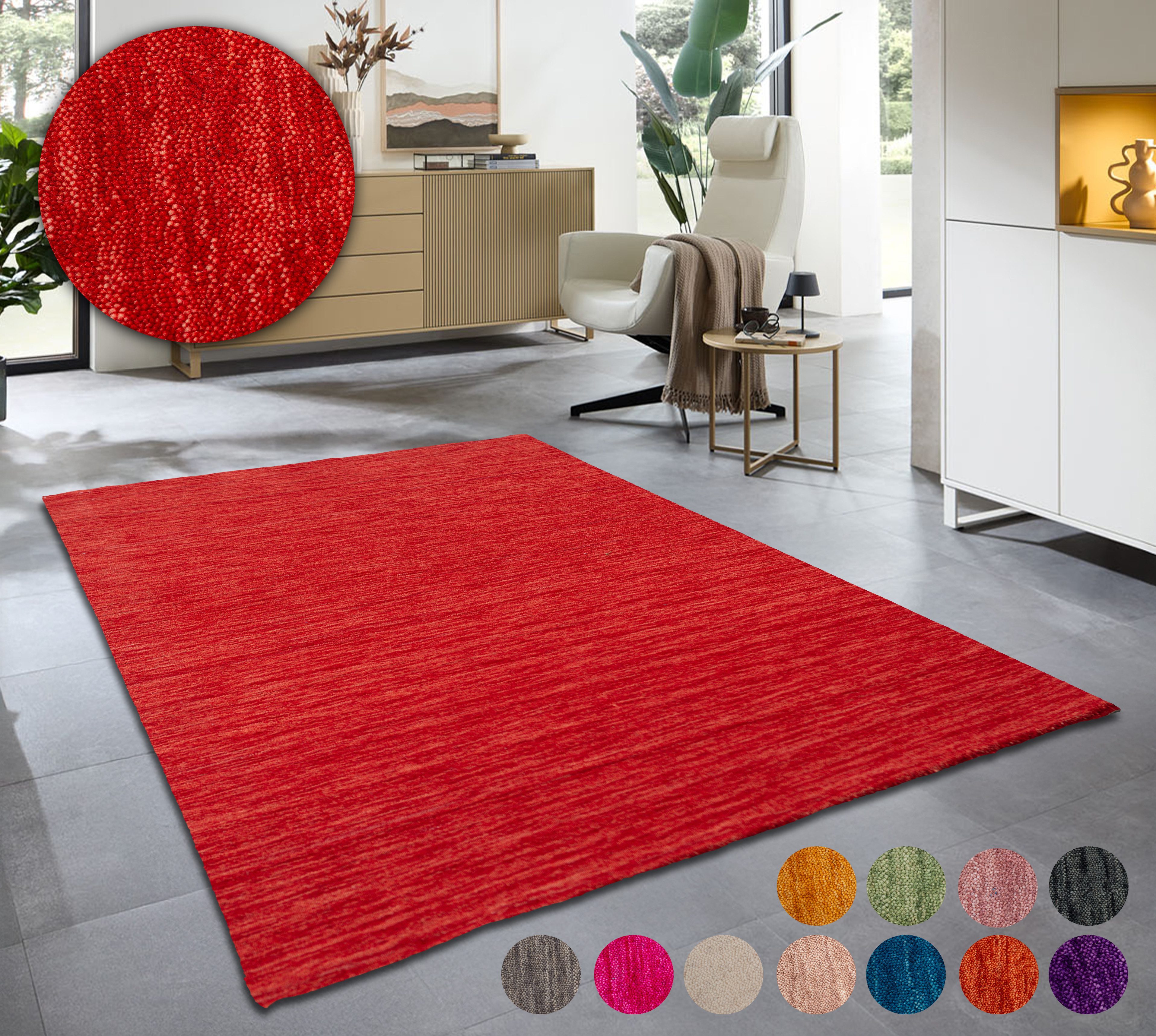 THEKO Wollteppich Holi, rechteckig, Höhe: 13 mm, Uni-Farben, leicht meliert, reine Wolle, handgewebt mit Knüpfoptik