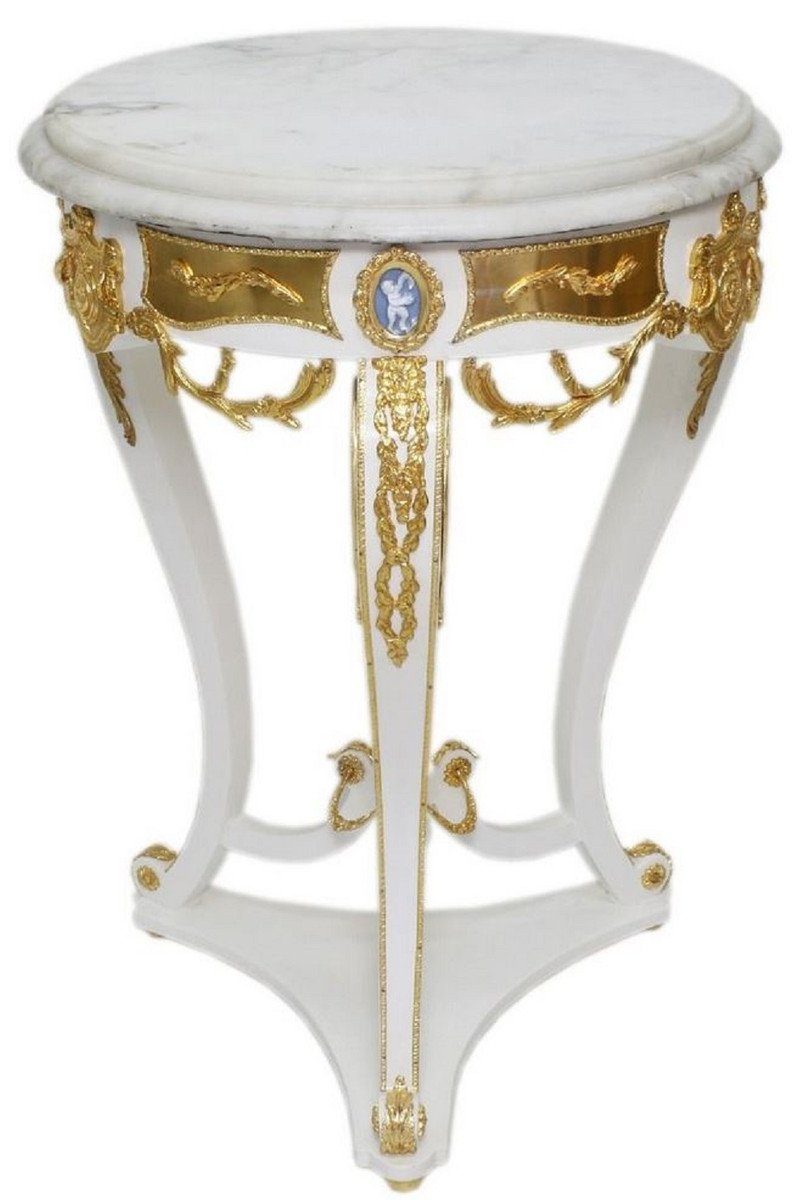 Casa Padrino Beistelltisch Barock Beistelltisch Weiß / Gold - Runder Antik Stil Tisch mit Marmorplatte - Barock Möbel