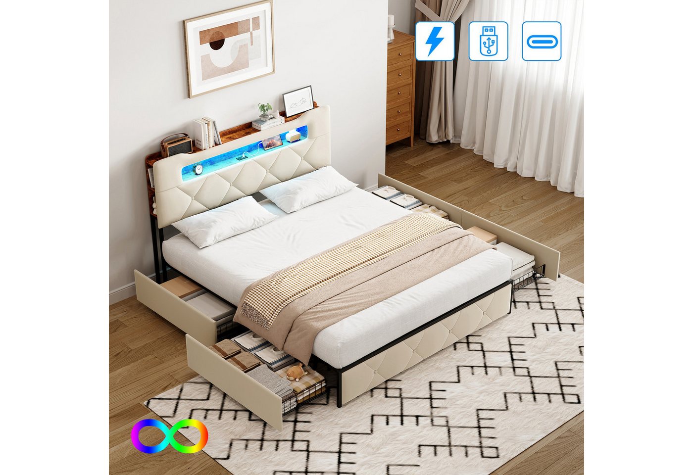 Gdood Polsterbett LED Stauraumbett 140x200cm, Doppelbett mit Kopfteil und 4 Schubladen (1-tlg., Samtmaterial Polsterbett mit RGB Beleuchtung), Bett mit Lattenrost, Ladefunktion, Komforthöhe und leisem Design