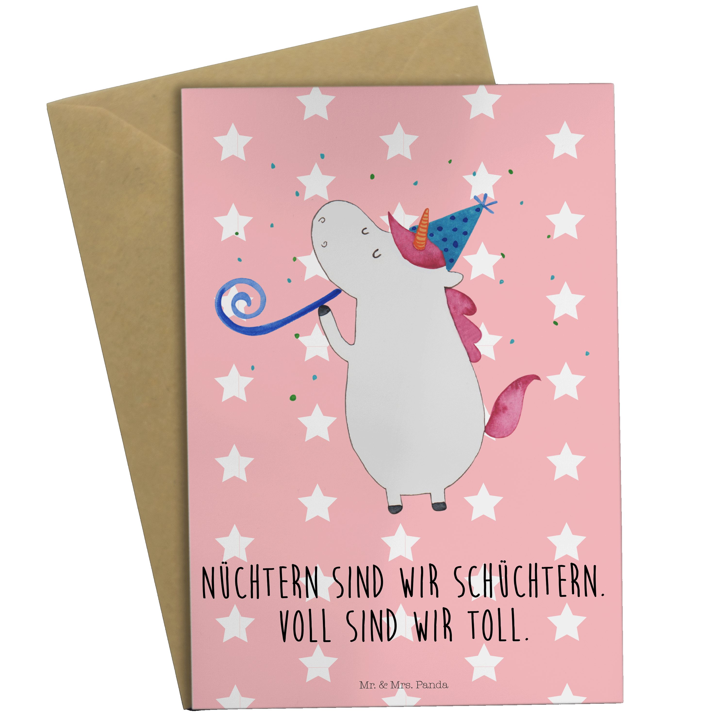 Mr. & Mrs. Panda Grußkarte Einhorn Party - Rot Pastell - Geschenk, Geburtstagskarte, Unicorn, Ho