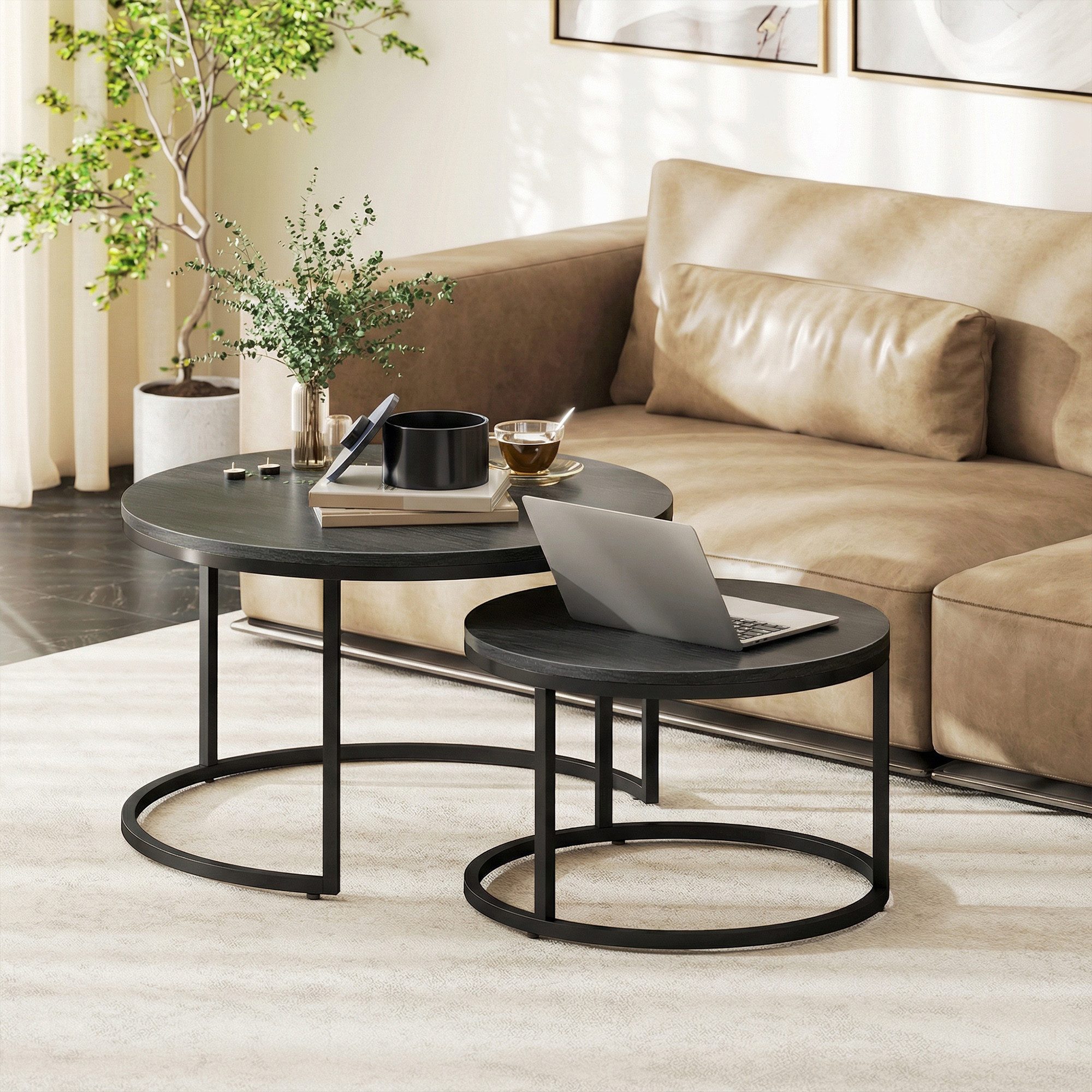 HOMCOM Couchtisch runder stapelbarer Beistelltisch, Kaffeetisch mit Zementoptik (Satztisch, 2-St., Wohnzimmertisch), 78,5 x 78,5 x 46,5 cm, Schwarz