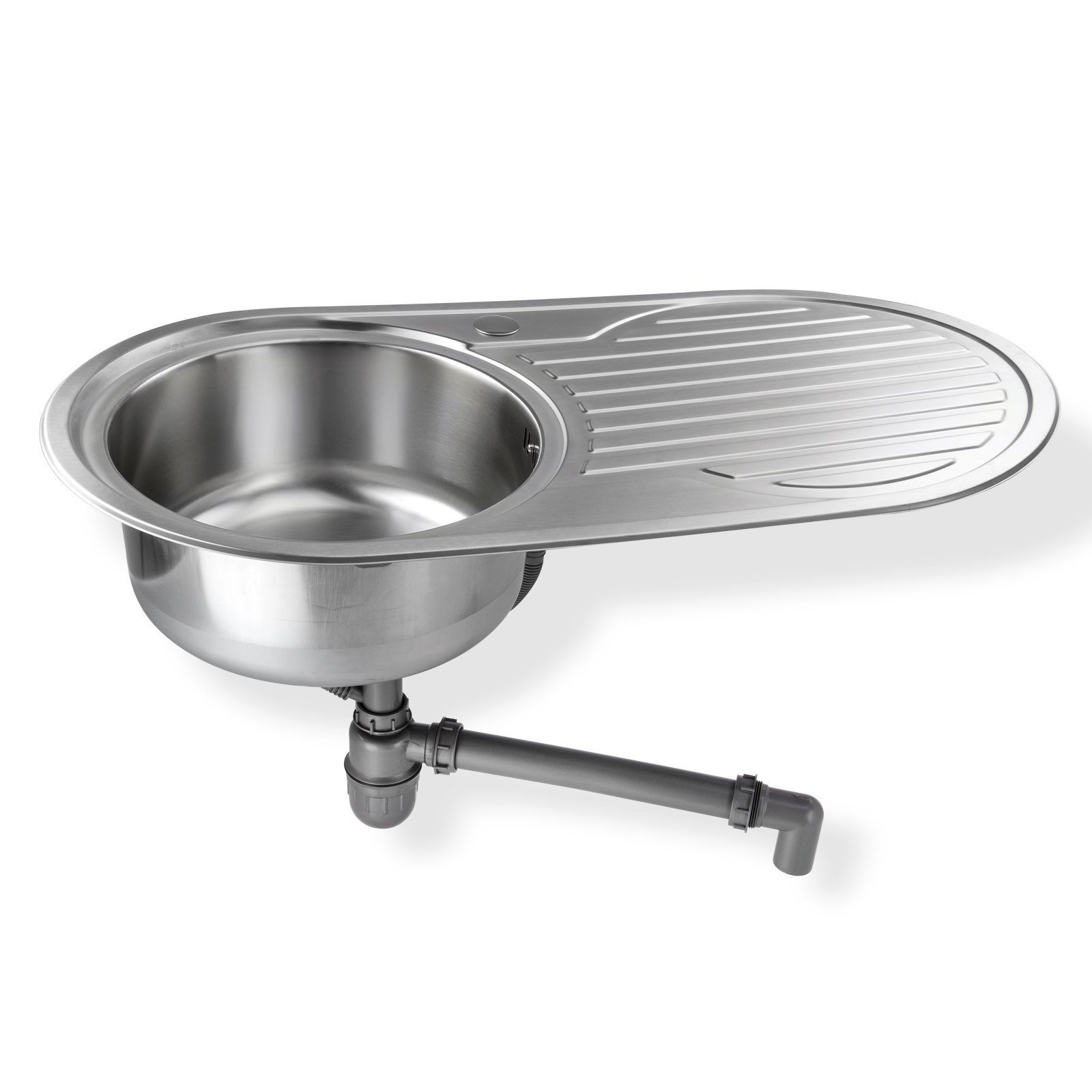 Stabilo Sanitär Edelstahlspüle Einbauspülbecken Chrom rund aus Edelstahl mit vorgebohrtem Hahnloch, 90/47 cm, (Komplett-Set, inklusive Zubehör), Die Spüle ist Rost-und Hitzebeständig.