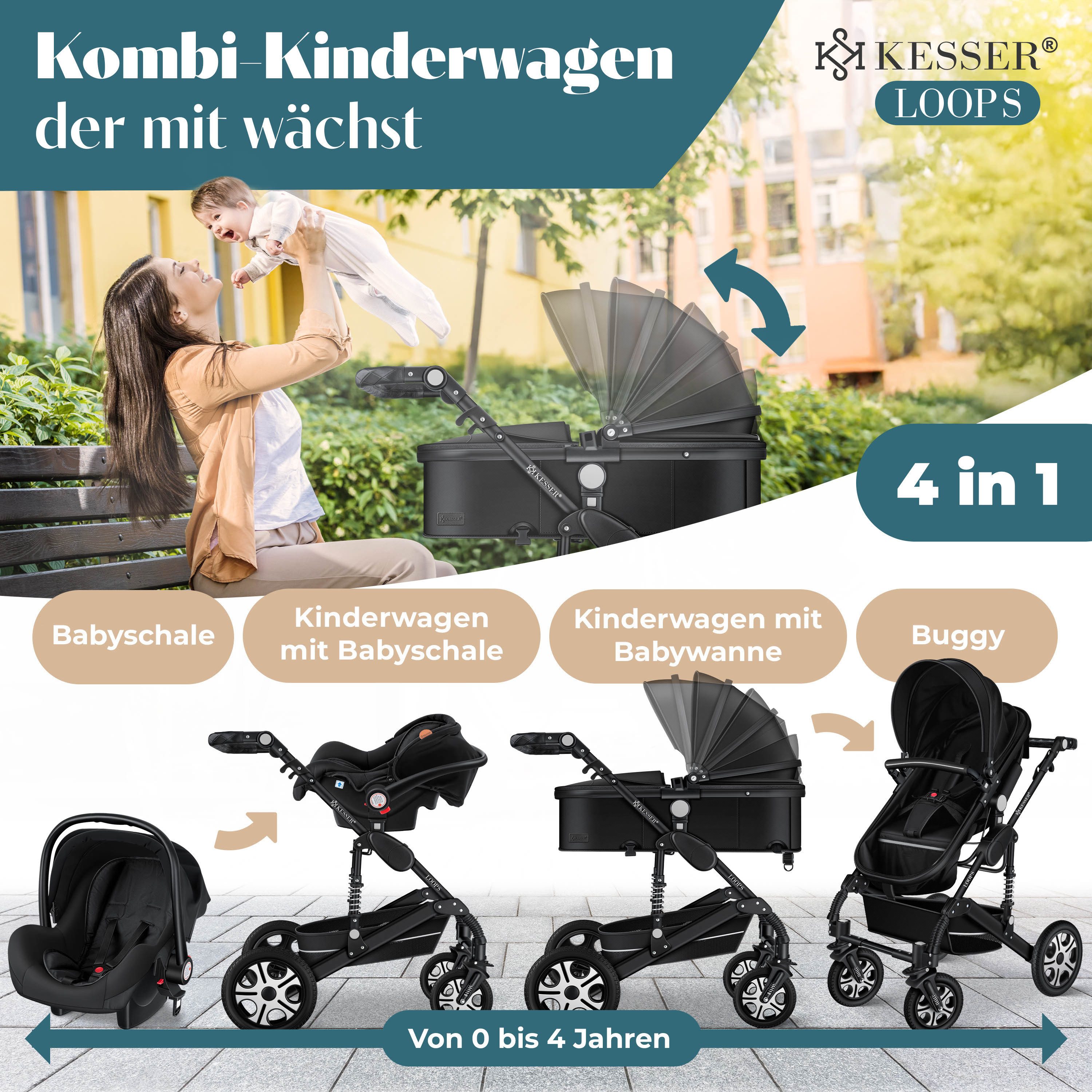 KESSER Kombi-Kinderwagen, 4in1 Loops Kinderwagen Komplettset auch als Buggy, Kinder bis 4 Jahre