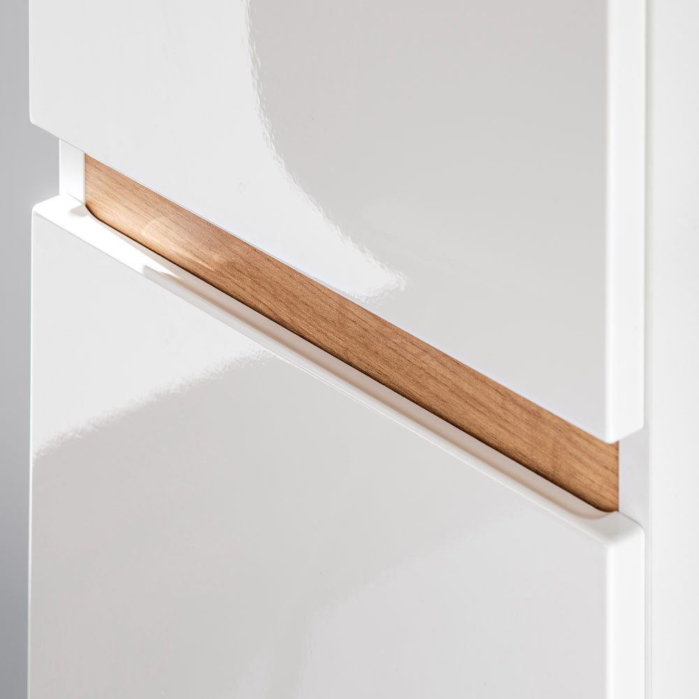 Lomadox Hochschrank CAMPOS-56 Badezimmer mit 2 Türen Hochglanz weiß mit Wotaneiche : 35/176/30 cm