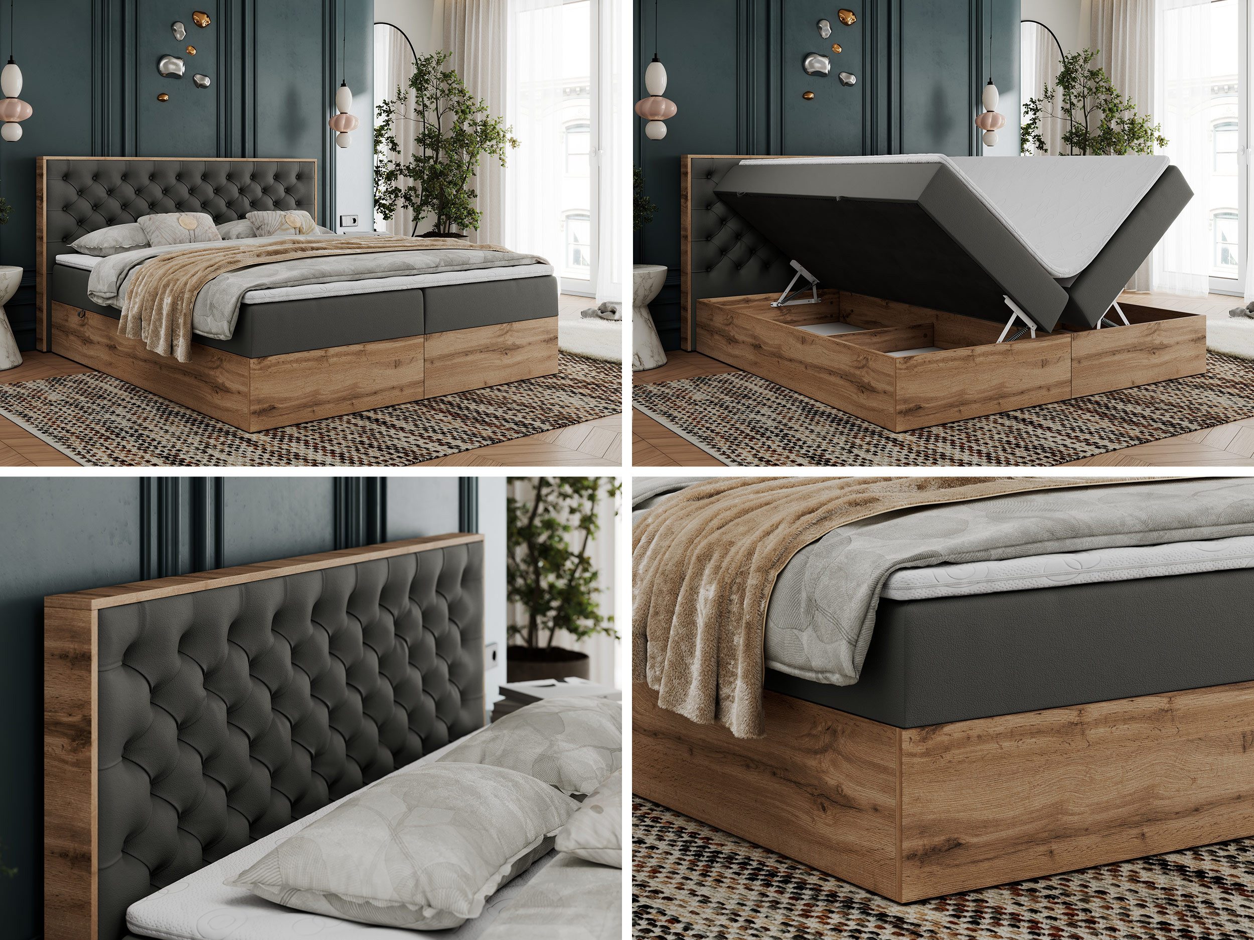 MKS MÖBEL Boxspringbett ALBERO 3 (Packung, Set, Topper T25/Visco, T30-Schaum, Stauraum, Zwei Bettkästen, Matratzen), Multipocket-Matratze, Doppelbett, mit Möbelplatten, mit Kopfstütze