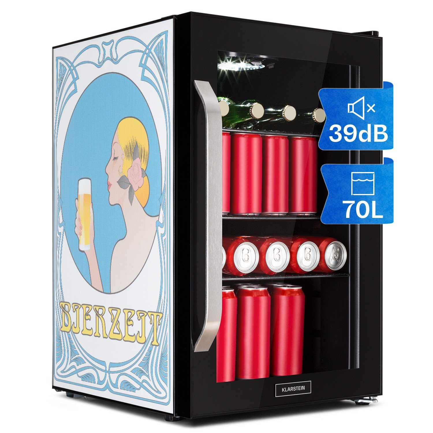 Klarstein Getränkekühlschrank HEA13-Beerzeit-OX 10041176, 67 cm hoch, 43 cm breit, Bierkühlschrank Getränkekühlschrank Flaschenkühlschrank mit Glastür Schwarz