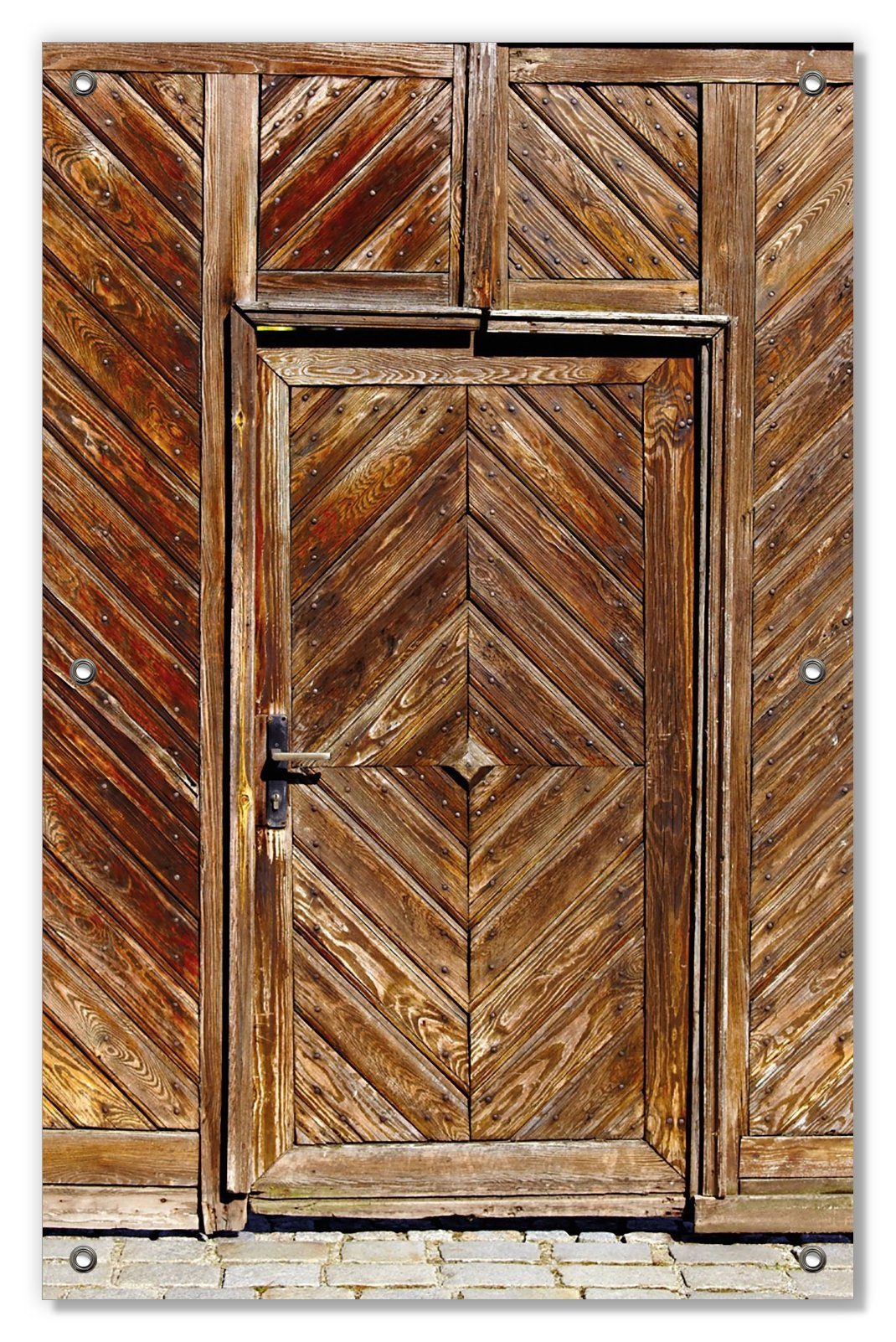 mit wiederablösbar wiederverwendbar Sonnenschutz und Wallario, blickdicht, Alte Holztür mit diagonalem Saugnäpfen, Muster,