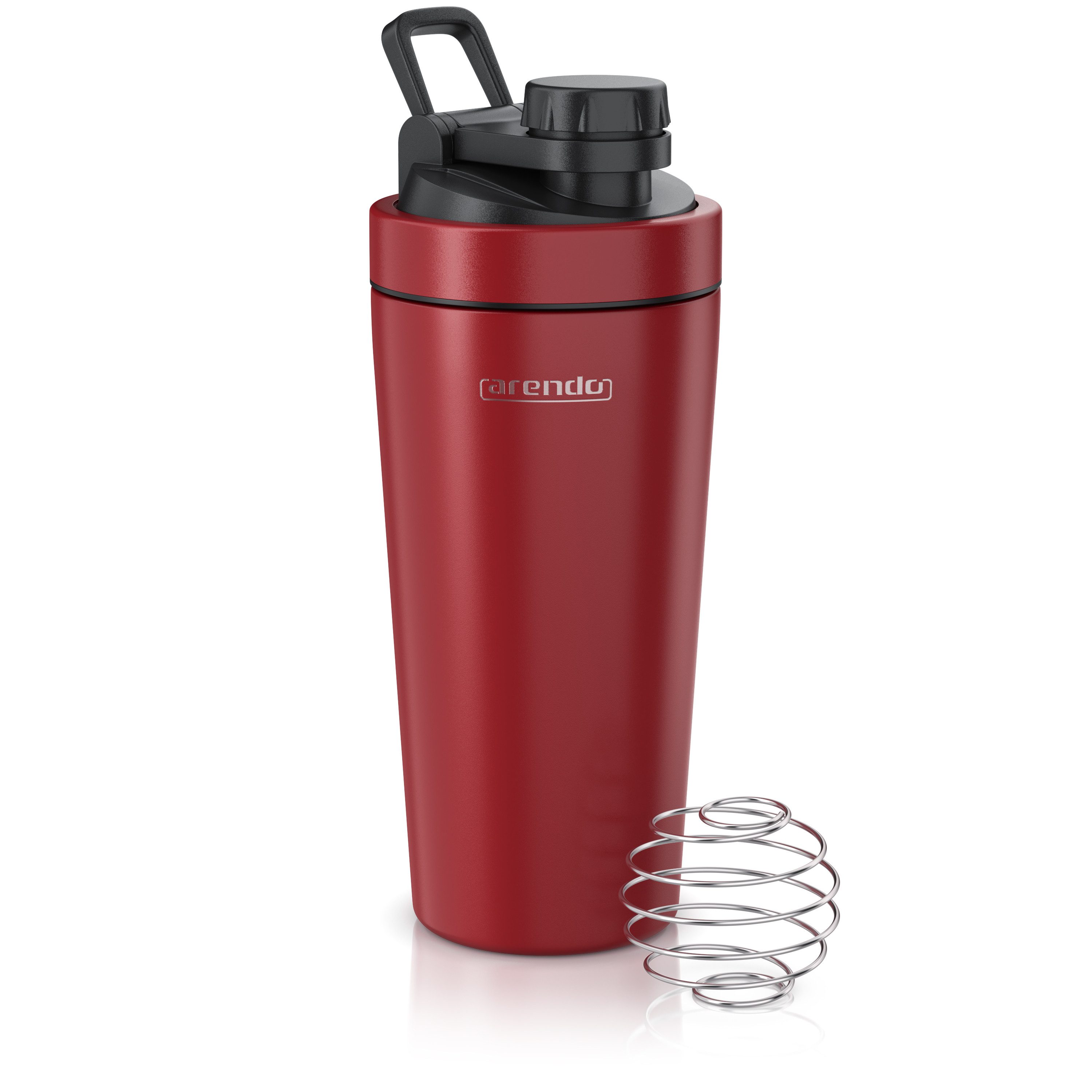 Arendo Protein Shaker Edelstahl Eiweißshaker 750 ml, rot, verschließbar, BPA-frei, Edelstahl, auslaufsicher, spülmaschinengeeignet, mit Tragegriff und Mixball