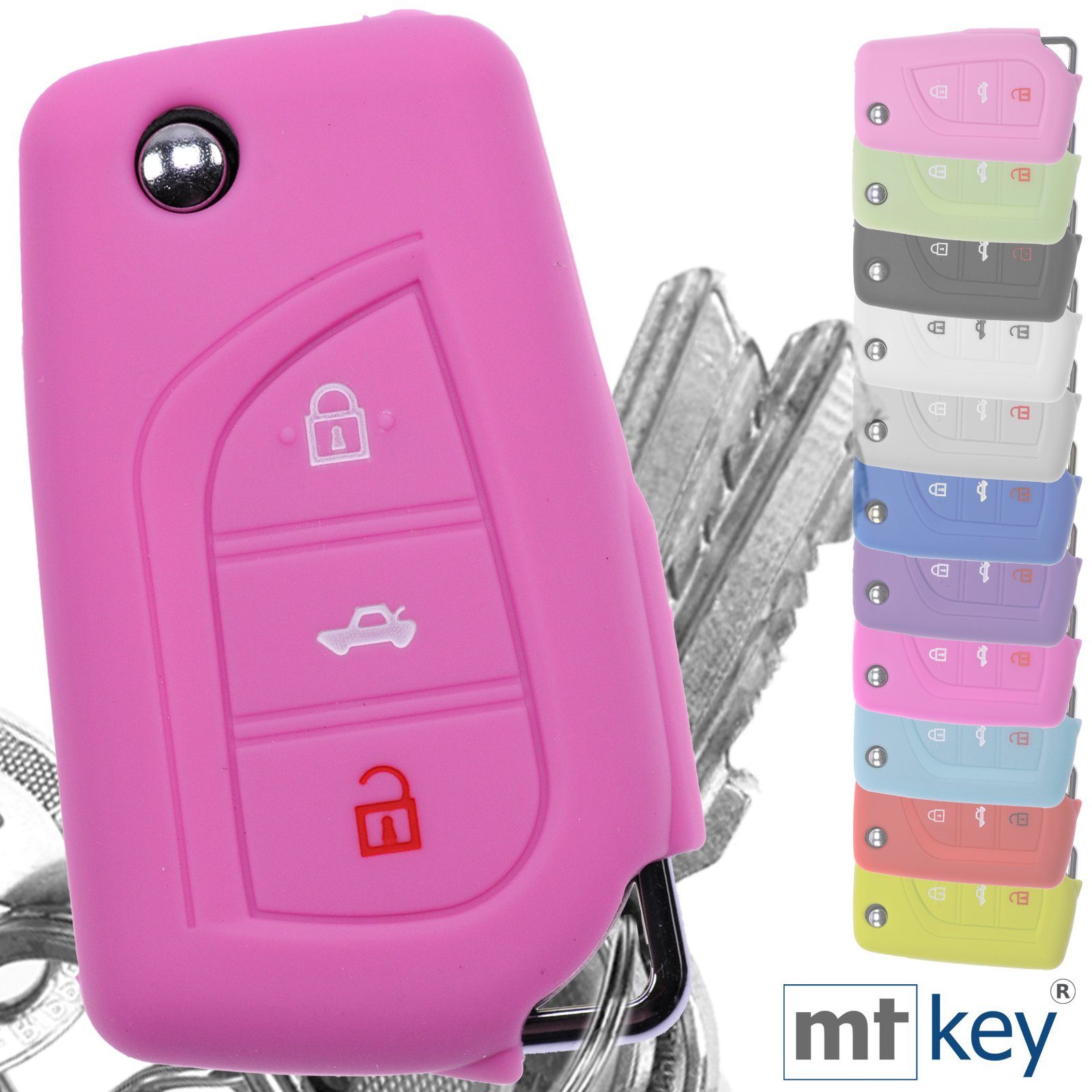 mt-key Schlüsseltasche Autoschlüssel Softcase Silikon Schutzhülle Rosa, für Toyota AURIS Corolla Avensis 3 Tasten Klappschlüssel