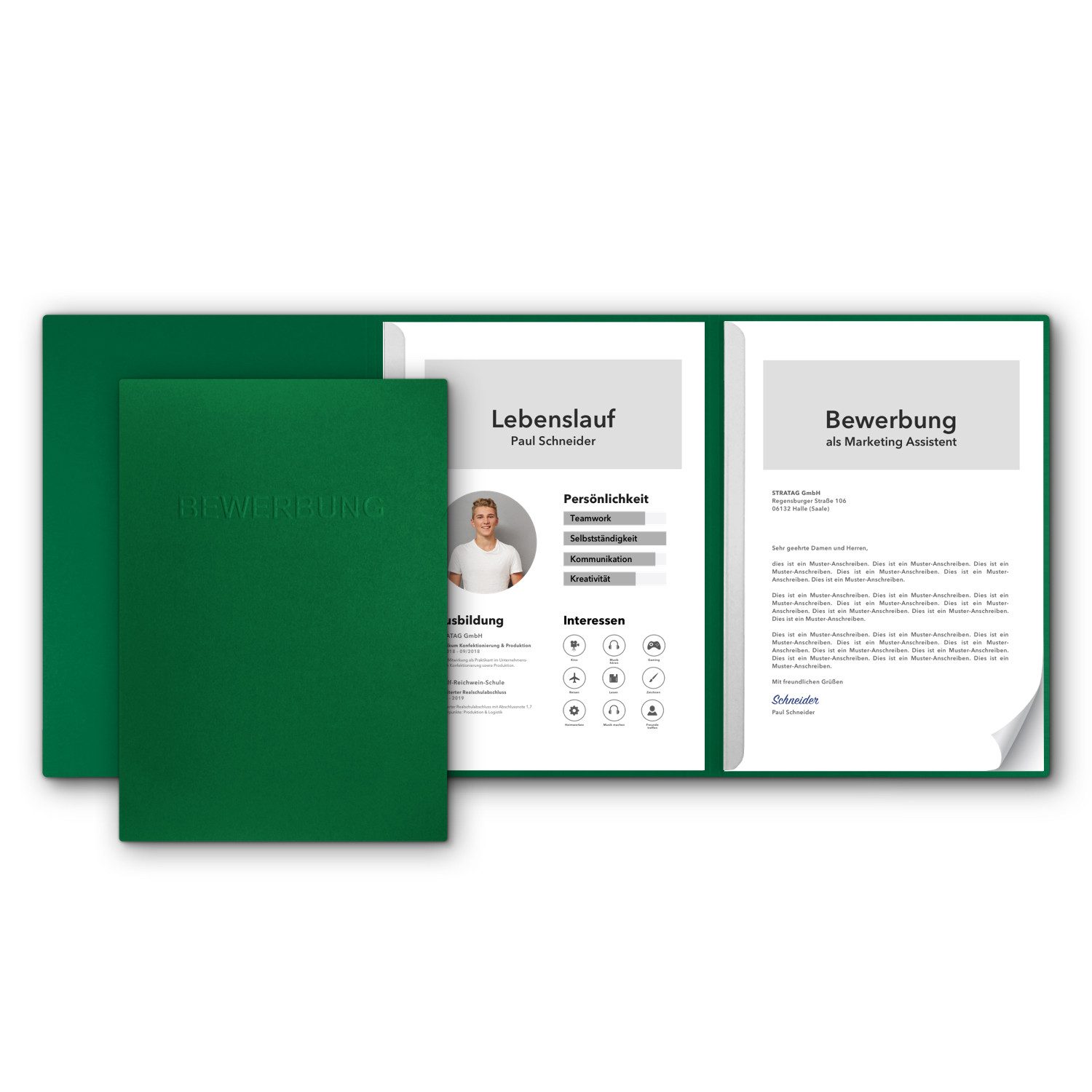 STRATAG Bewerbungsmappe favorit 3-tlg mit 2 Klemmschienen - sehr stabiler 350 g/m² Naturkarton (Set, 5-St., mit eindrucksvoller Relief-Prägung BEWERBUNG), direkt vom deutschen Hersteller STRATAG