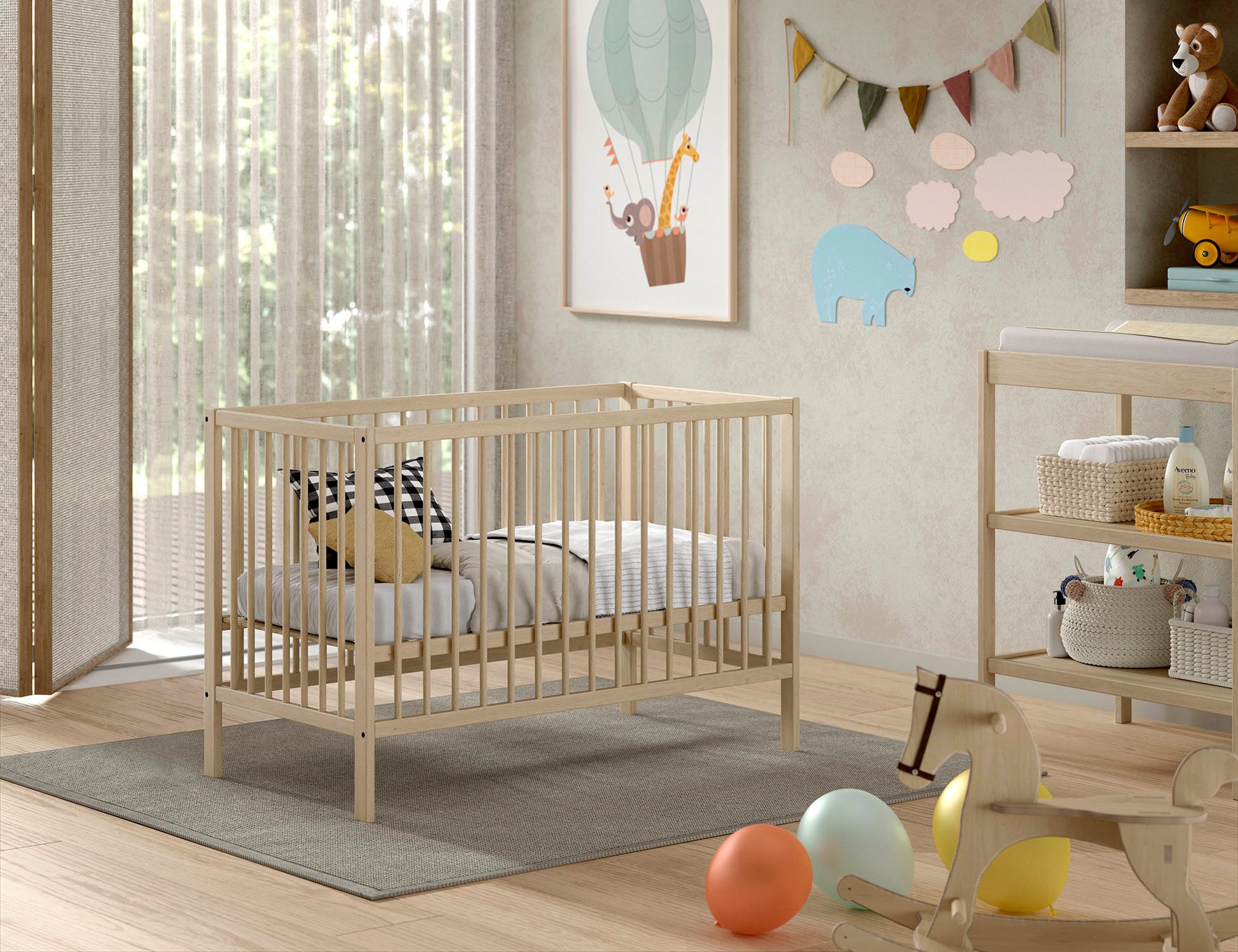 Vipack Babybett Dino 60/120 cm mit 3-fach verstellbarem Lattenrost, stabile Bauweise, Gitterbett aus massiver Buche, wahlweise in 3 Farben