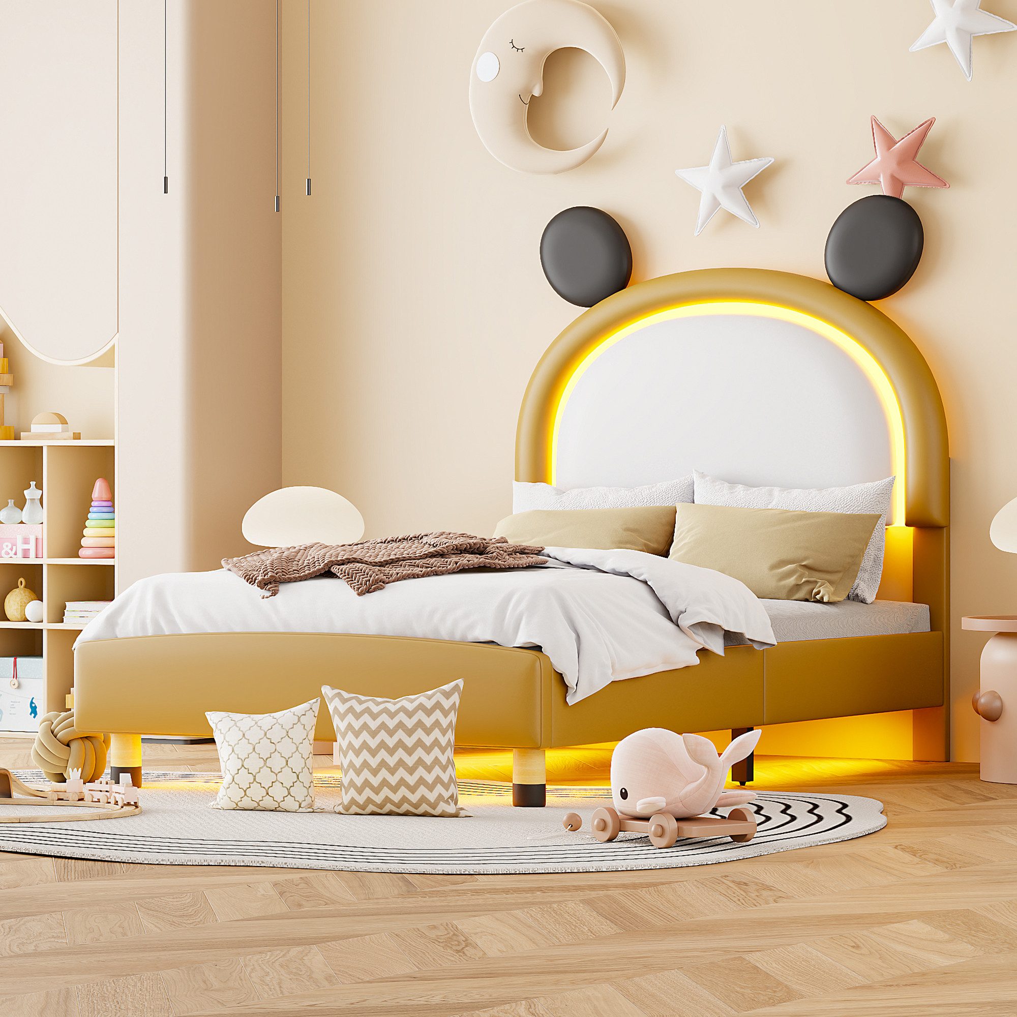 Blusmart Polsterbett Kinderbett Flachbett, mit LED-Beleuchtung (flaches Bett aus zweifarbigem Kunstleder, 1-tlg., Für Jungen und Mädchen), 90x200cm