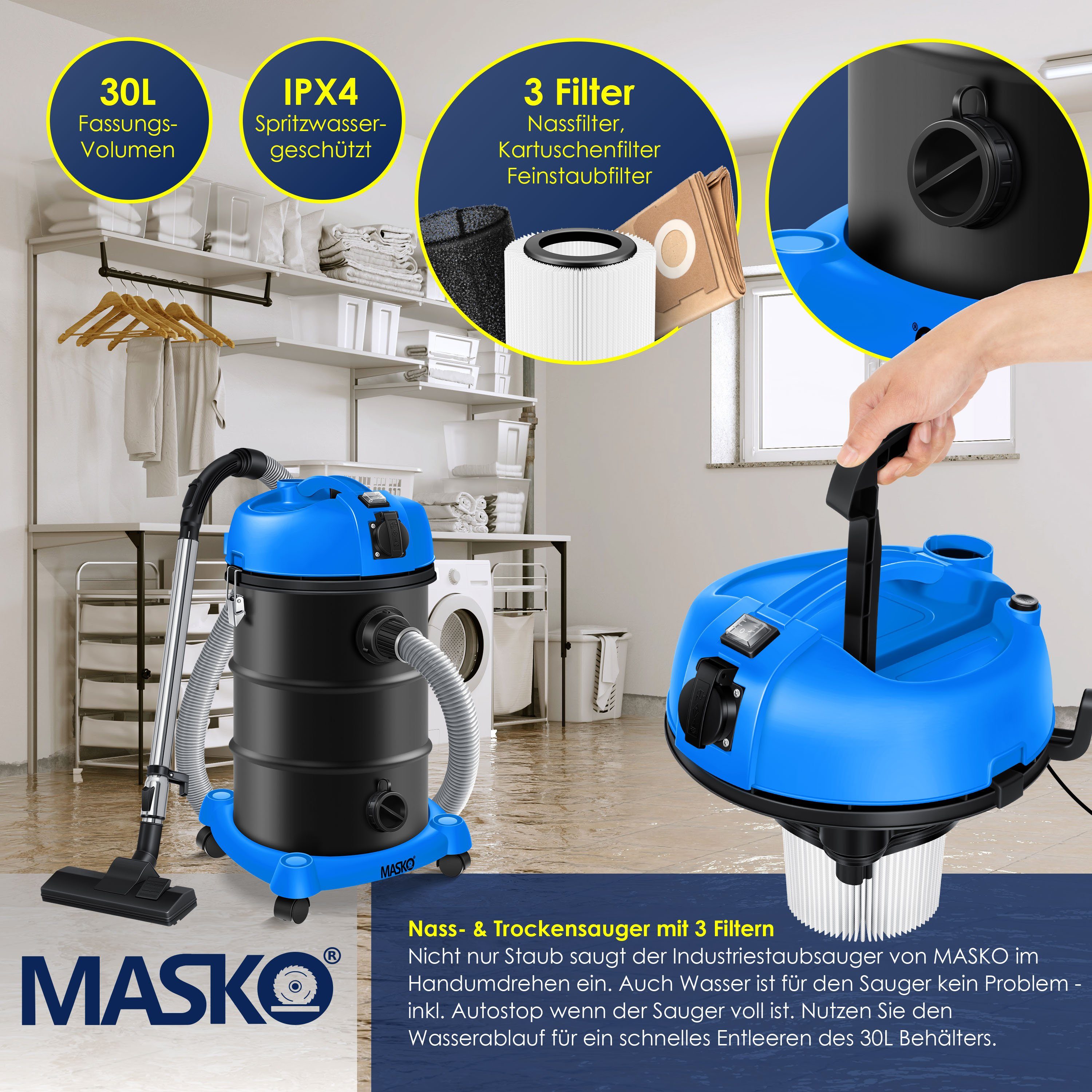 MASKO Industriesauger, 2300 W, 6IN1 Industriestaubsauger Staubsauger Nass Trocken Sauger