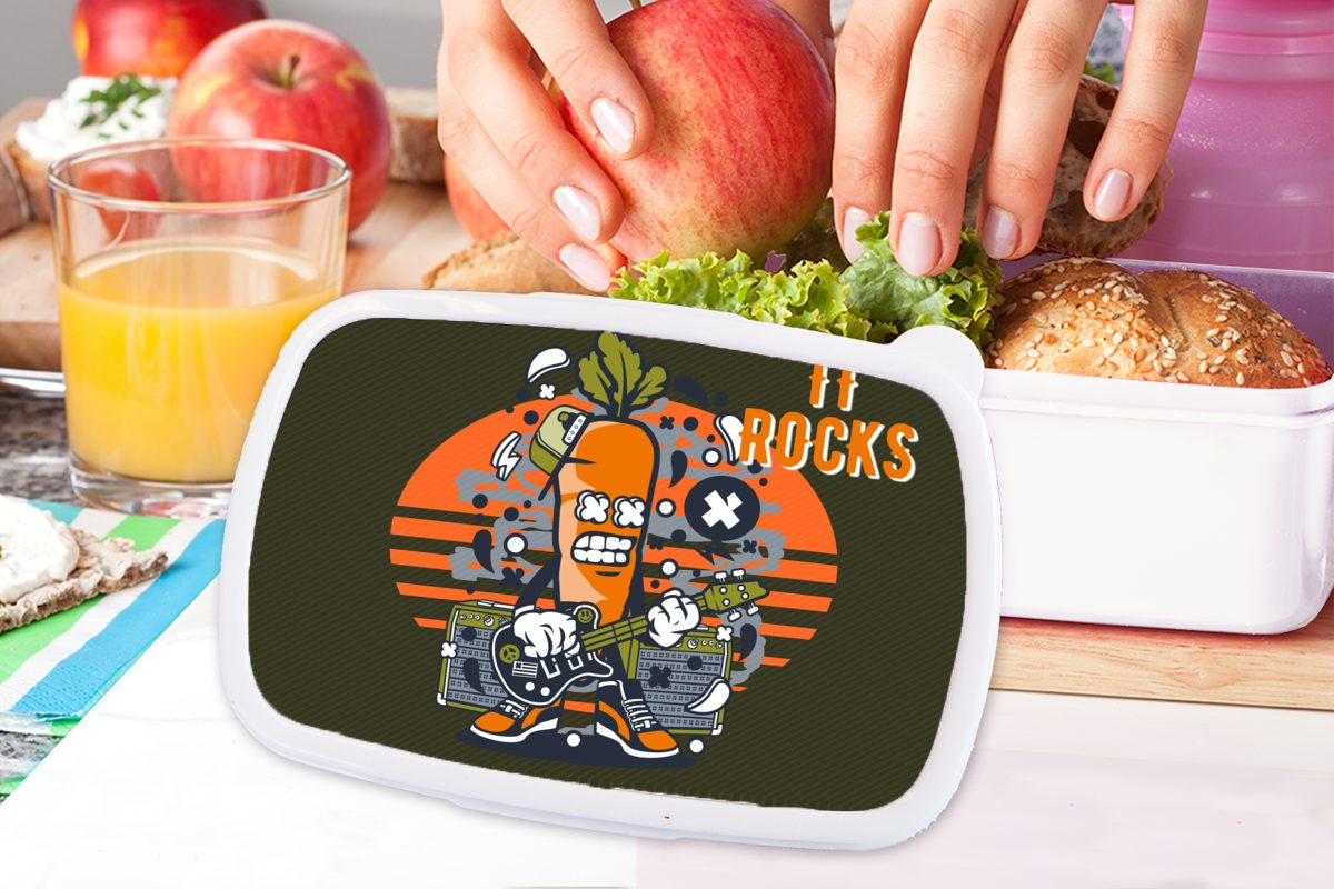 MuchoWow Lunchbox Karotte weiß für Kinder Brotdose, Gitarre (2-tlg), für - - Mädchen Brotbox Kunststoff, Retro, und Jungs Erwachsene, und