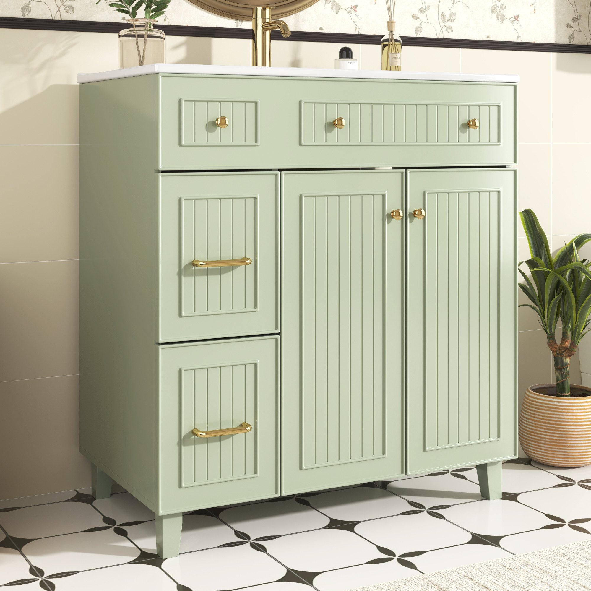 Flieks Waschtisch Waschbeckenunterschrank mit Waschbecken (B81,7/T46,8/H90 cm, 1-St., bodenstehend, Badschrank Volllackierung), Badmöbel mit Schubladen und Türen Badzimmerschrank, Massivholzfüß
