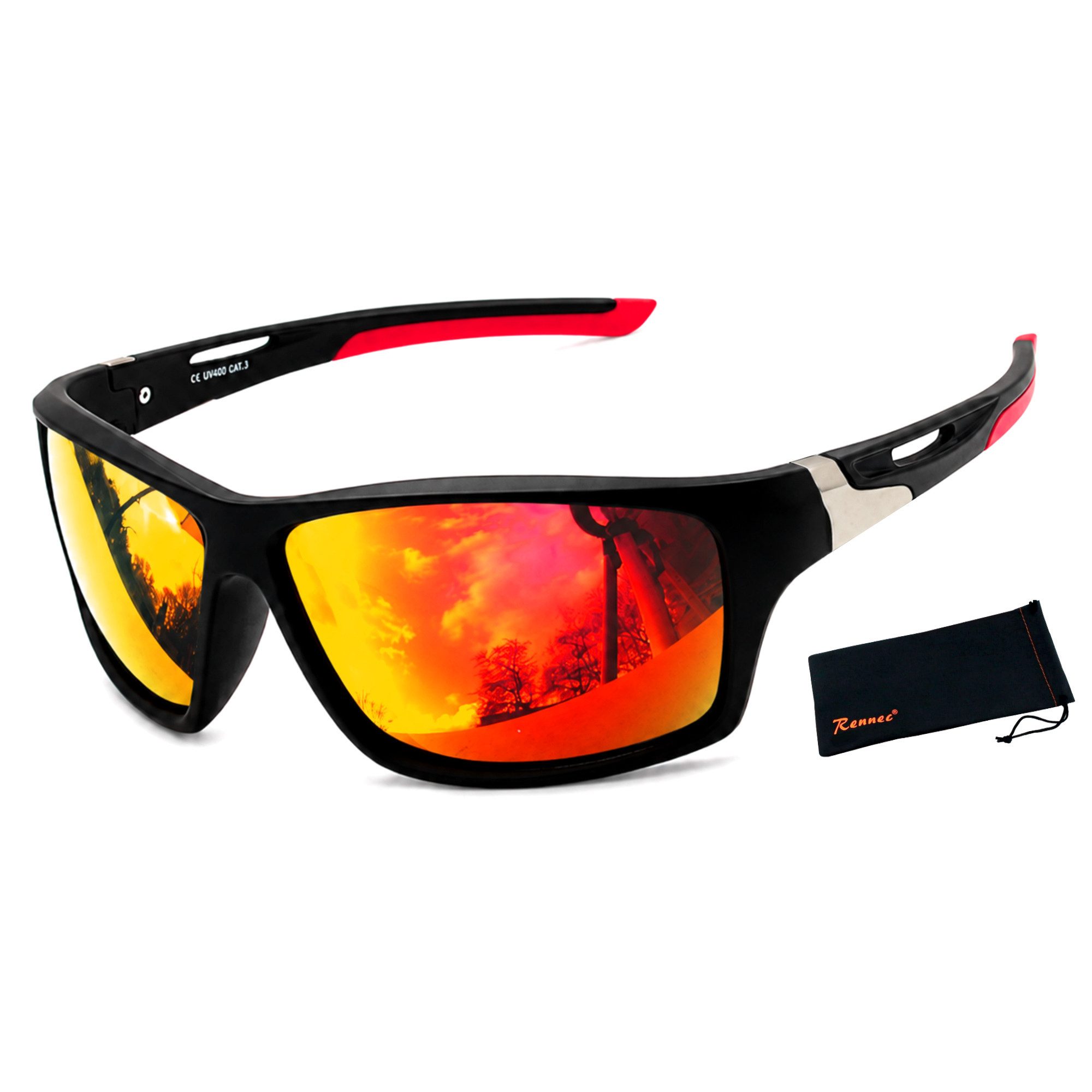 Rennec Sonnenbrille Herren Sportbrille Polarisiert UV400 Orange Rot Verspiegelt Radbrille Outdoor Brille Schwarz Matt Leichtgewicht mit Brillenbeutel