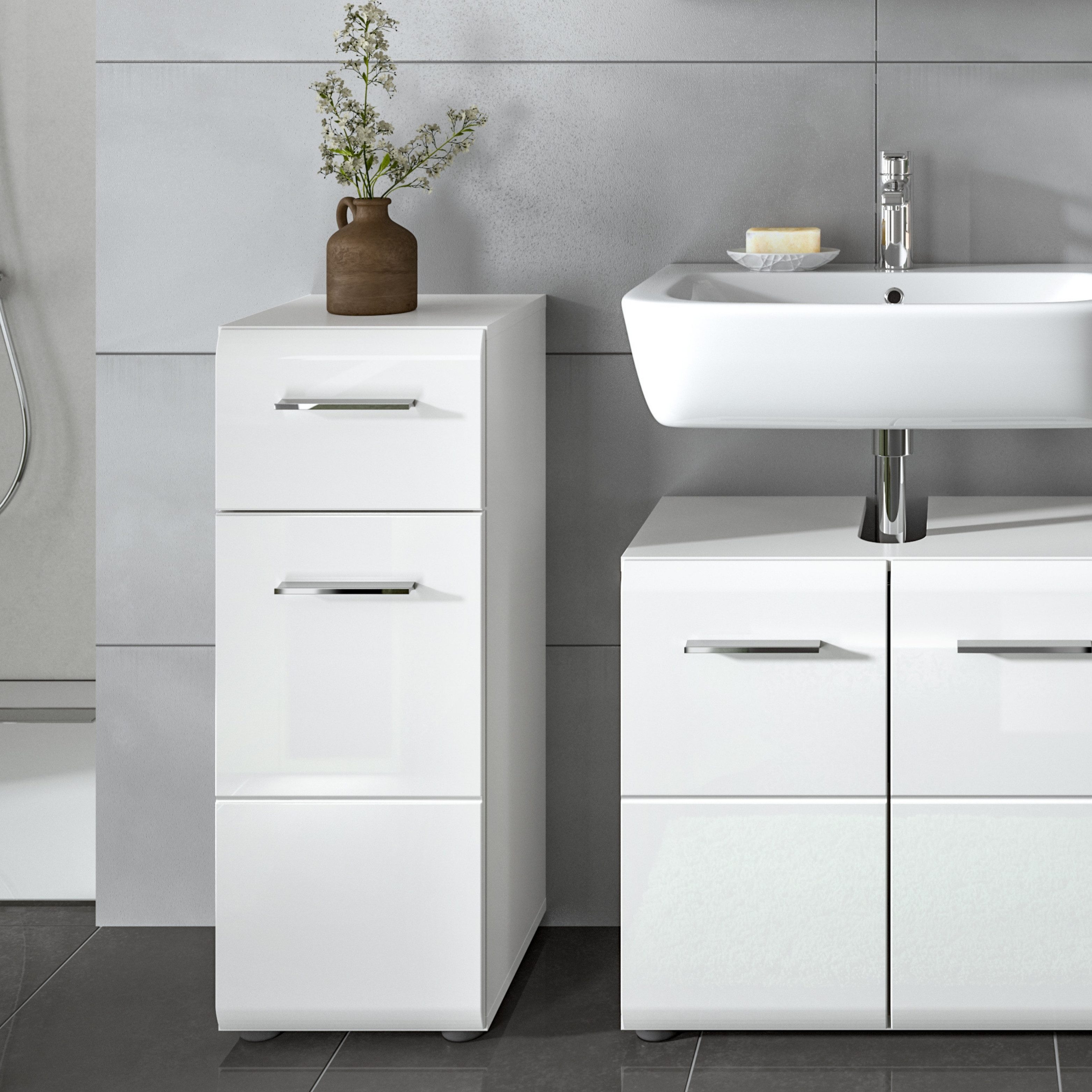 furnling Badkommode Standschrank Ivy, 1 Schublade, 1 Tür, 2 Fächer innen, Stauraum, Badezimmerschrank, weiß