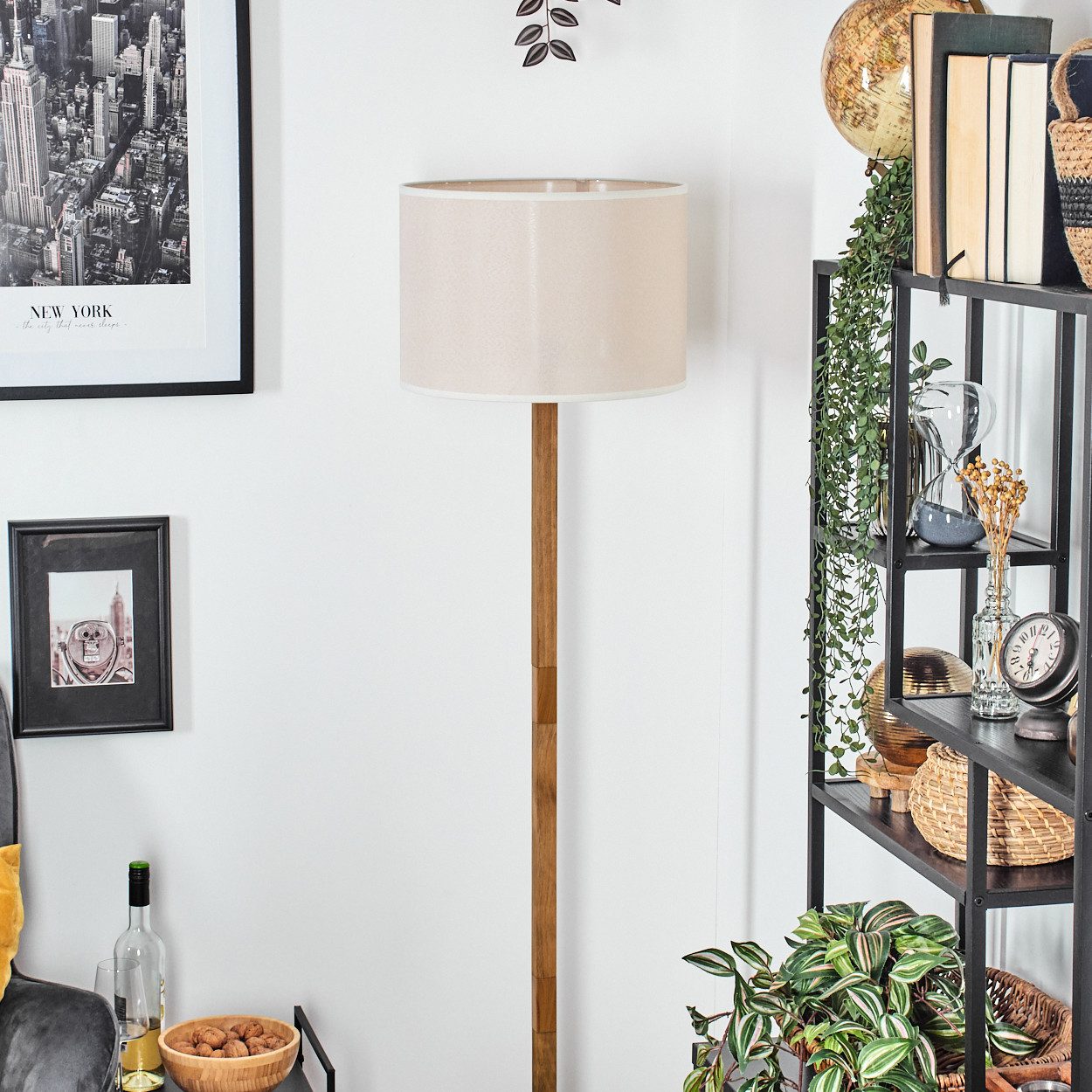 hofstein Stehlampe Boho-Style Stehlampe aus Holz/Metall/Stoff in Natur/Schwarz/Beige/Weiß, ohne Leuchtmittel