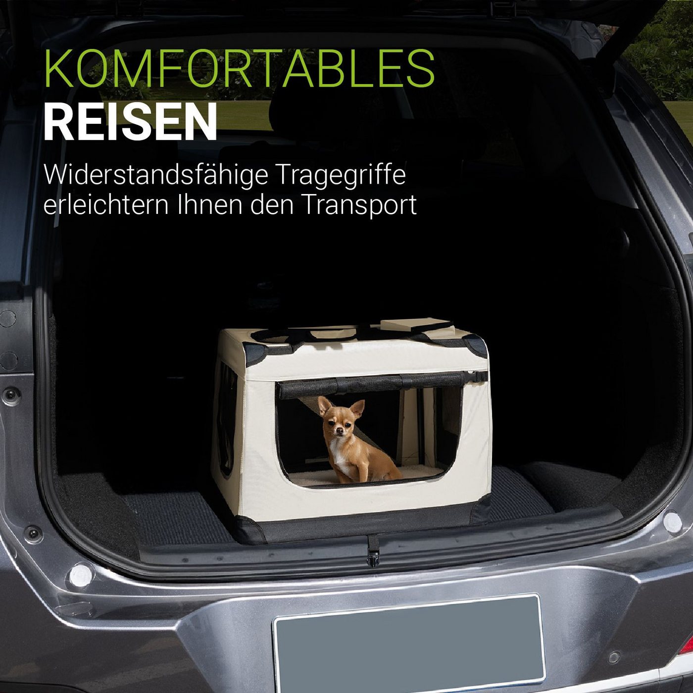 Thumbnail - Juskys Tiertransporttasche Lassie, mit Decke, Tasche, Griffen und Fressnapf