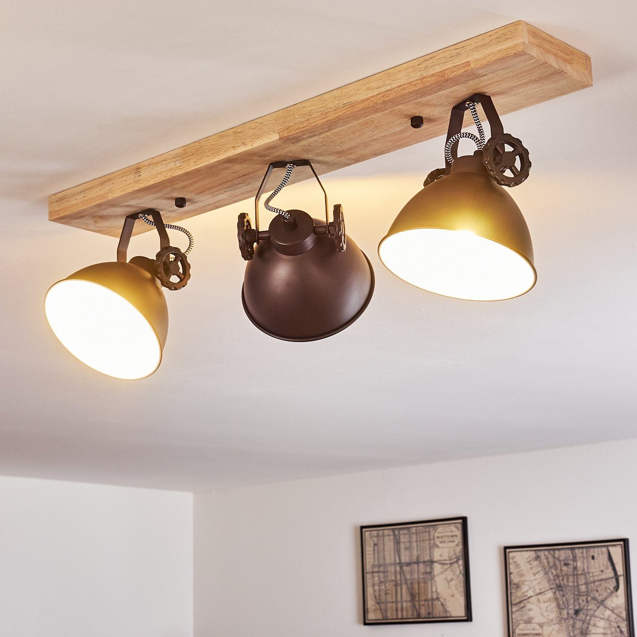 3xE14, »Mot« verstellbaren in mit Leuchtmittel, Retro/Vinatge hofstein aus Design Strahlern, Deckenleuchte ohne Schwarz-Braun/Natur, Deckenlampe Metall/Holz