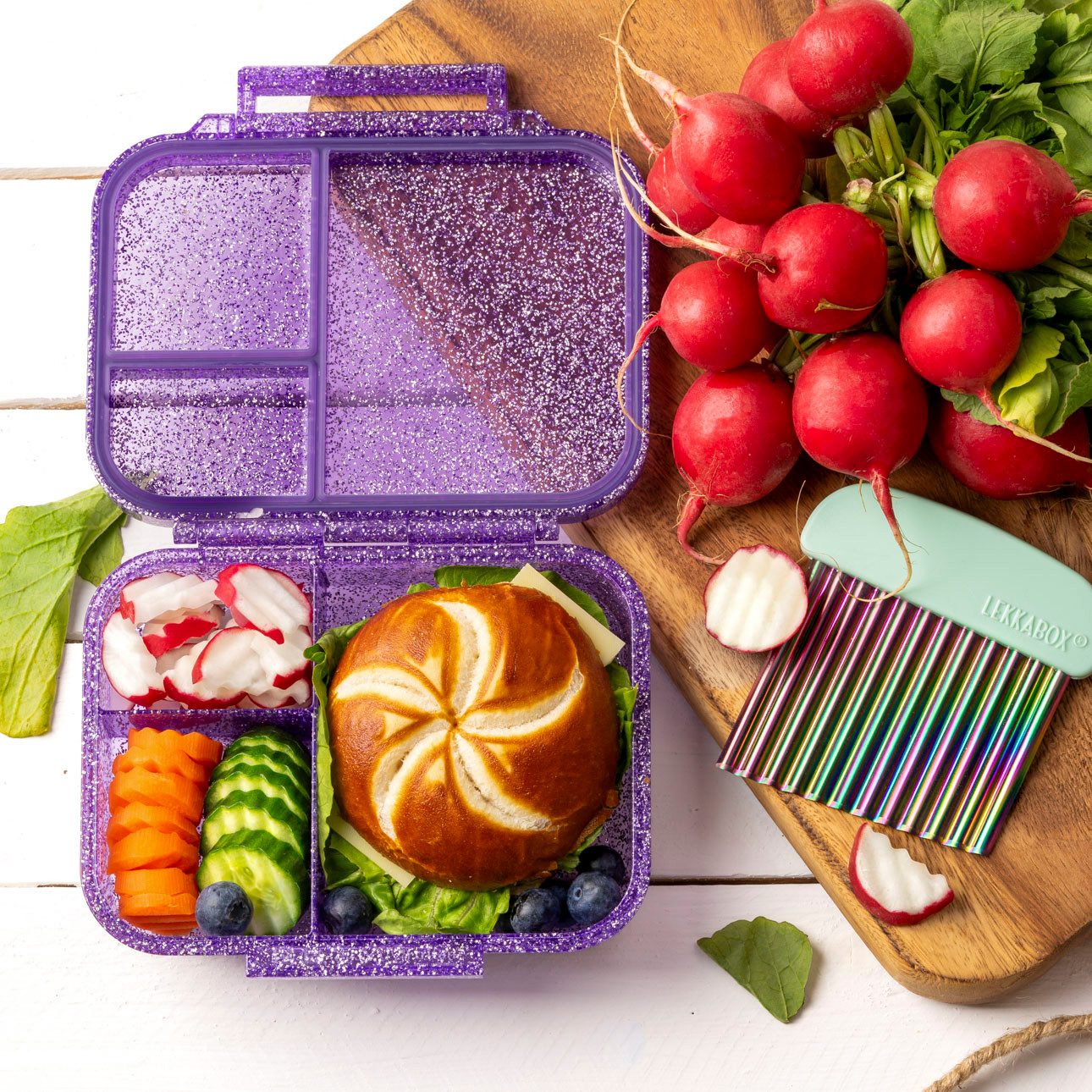 LEKKABOX Lunchbox Mini Glitzer Brotdose, 3 Fächer - Kinder Bento Box Vesperdose Brotbox, Für feuchte Lebensmittel auslaufsichere Bento Box, inkl. extra Trenner