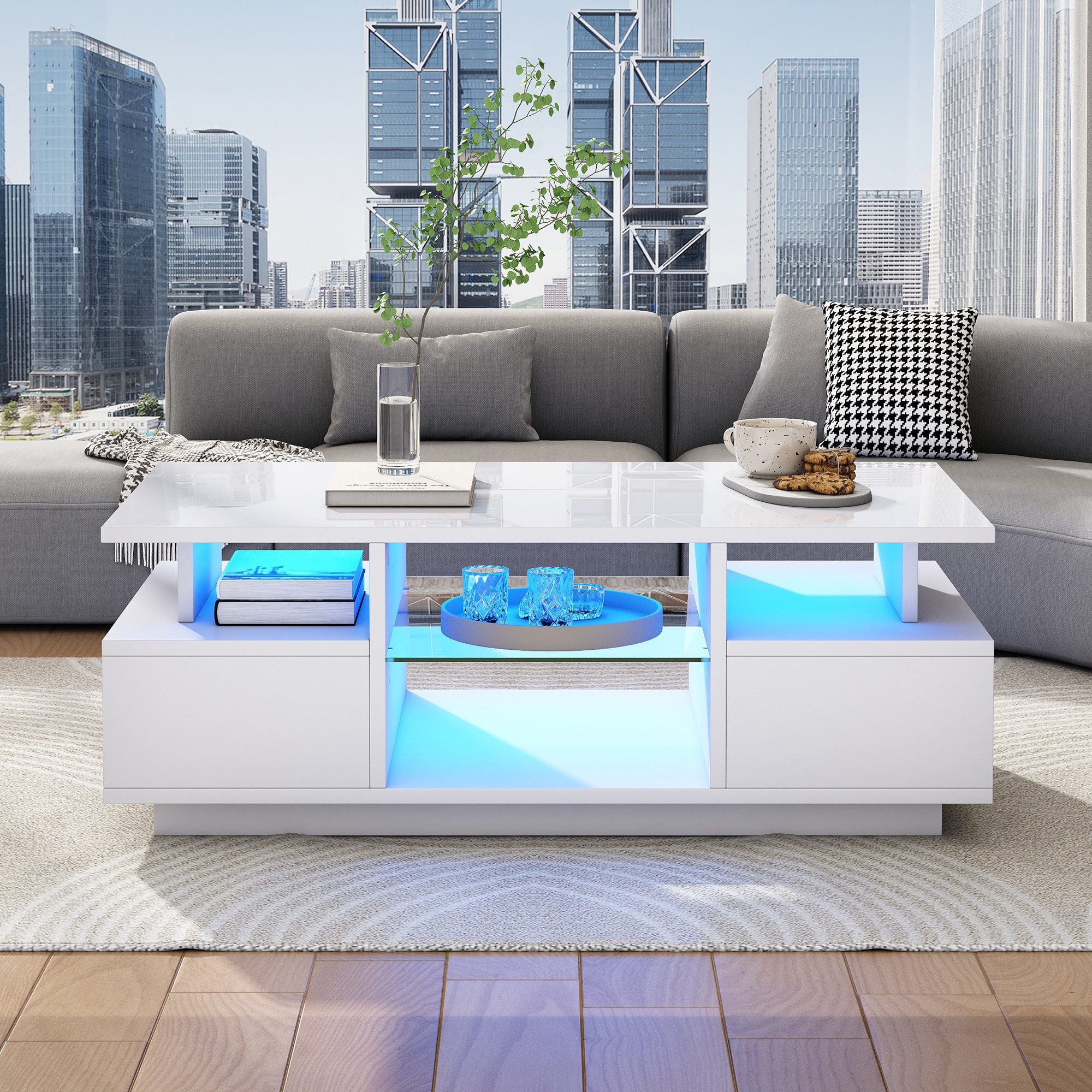 Merax Couchtisch hochglanz Sofatisch Beistelltisch mit LED-Beleuchtung (Kaffeetisch 100x50x36cm, 1-St), Wohnzimmertisch mit 2 Schubladen, Glasablagen & offenem Stauraum