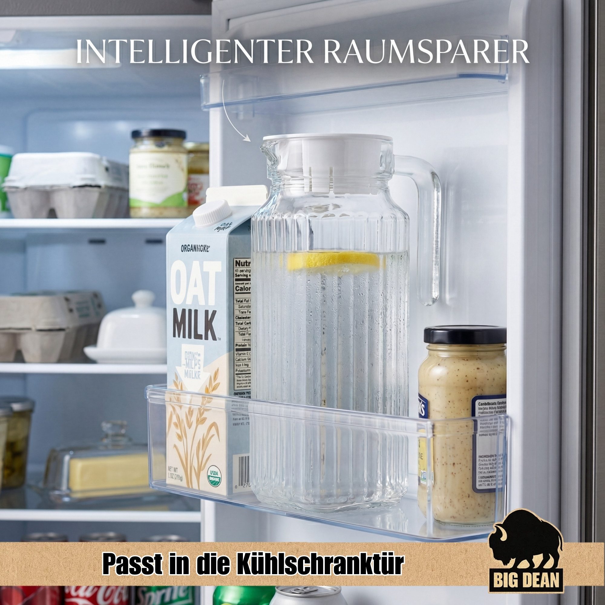 BigDean Wasserkrug Kühlschrankkrug 1,1 Liter Glaskrug mit Deckel, (Packung, 2-tlg., Wasserkaraffe), Feststizender Deckel, Schlanke Form, Robustes Borosilikatglas