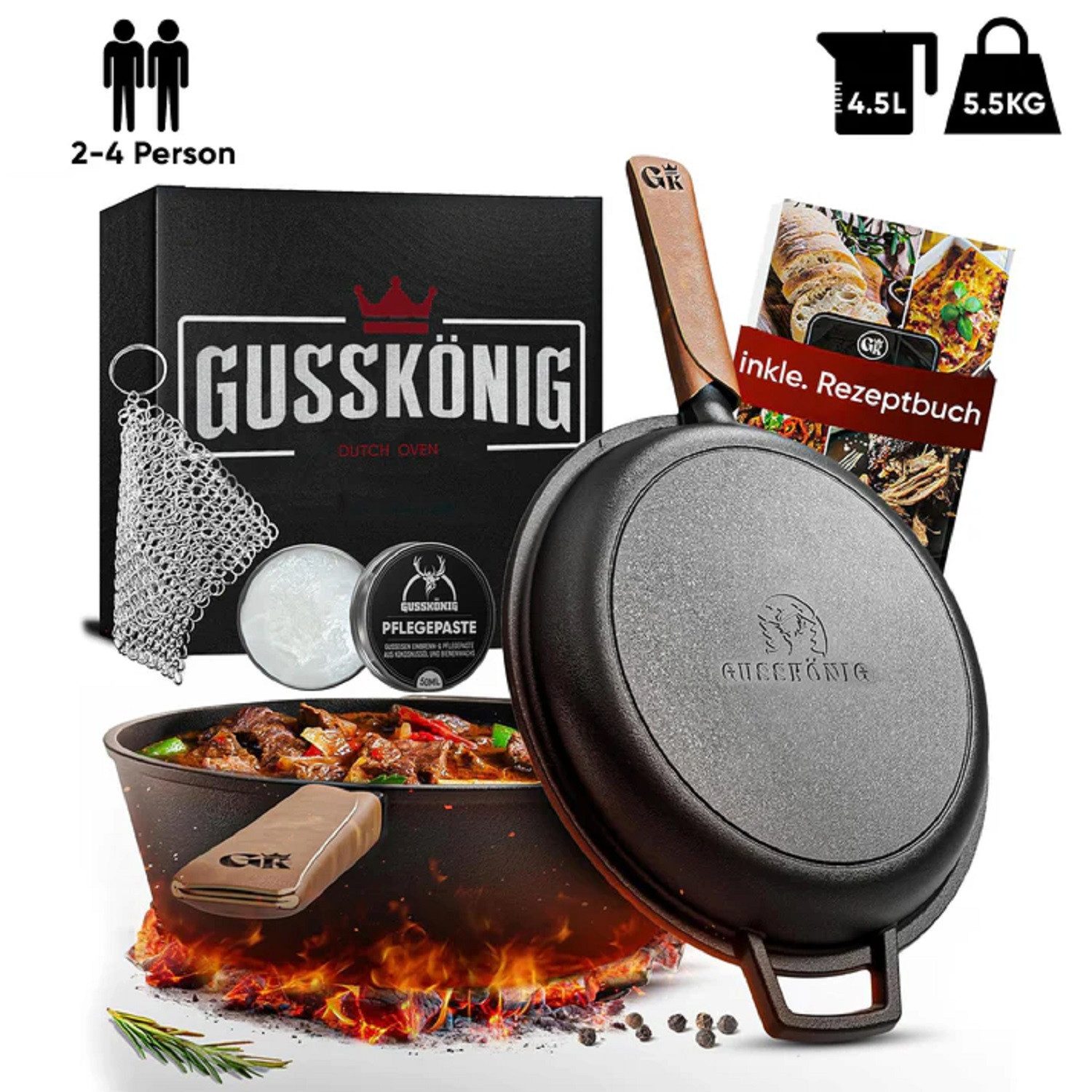 GUSSKÖNIG Schmortopf GUSSKÖNIG Dutch Oven 2in1 Pfannen Set 4,5L + Pflegepaste