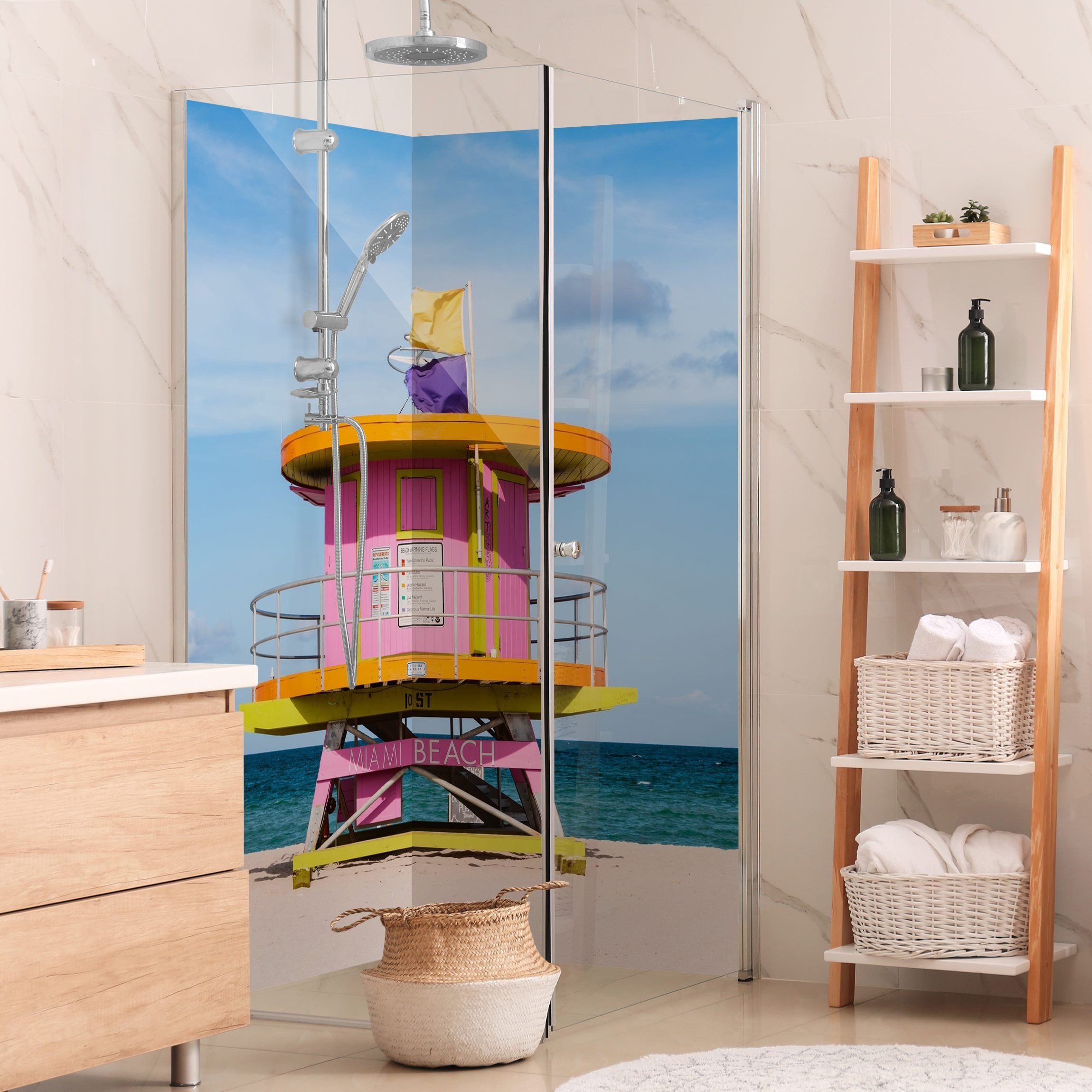 Thumbnail - Bilderdepot24 Badrückwand Strand blau Duschrückwand ohne Bohren Dusche Natur Stadt, (Hartfolie matt » Selbstklebend PREM...