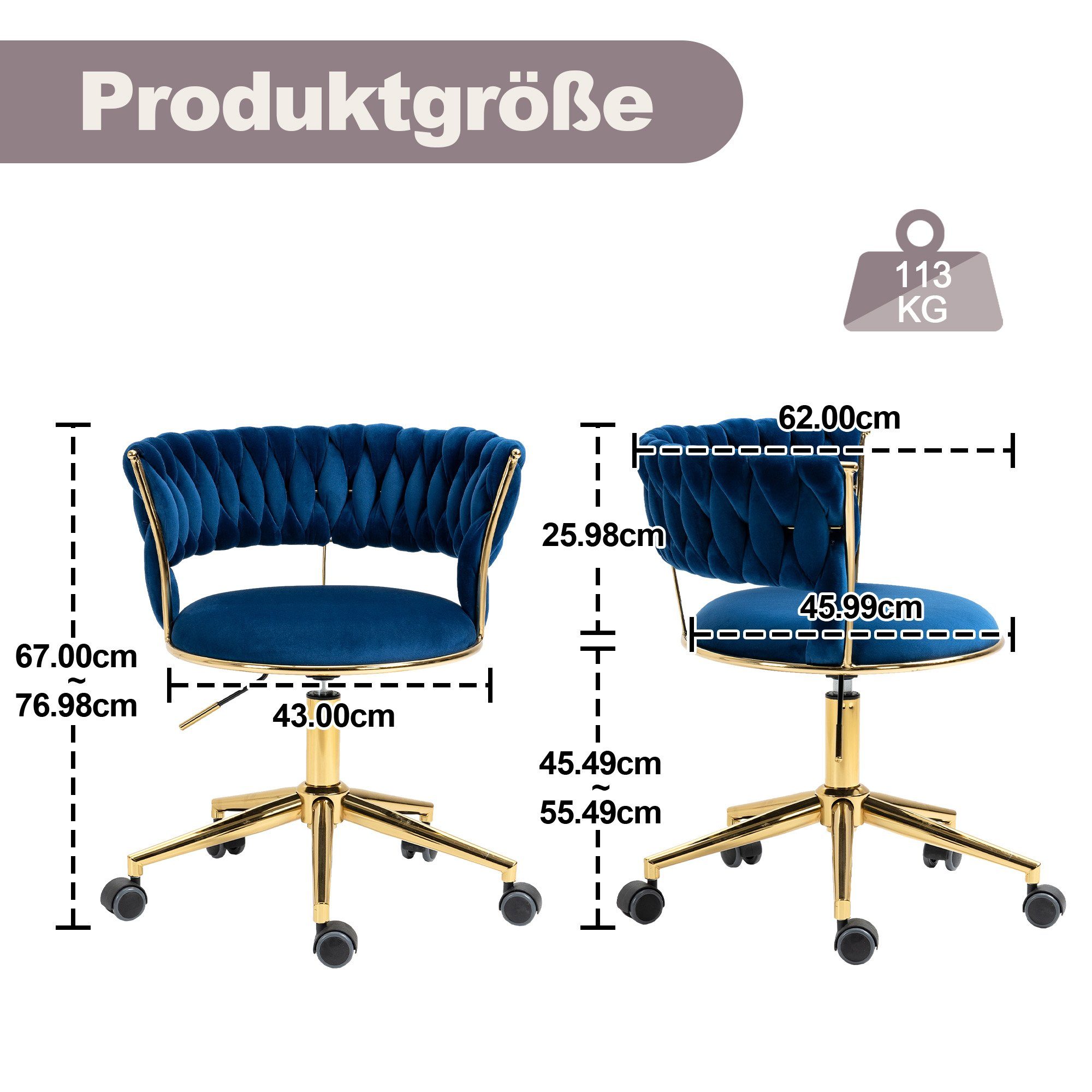 Polsterstuhl, Bürostuhl Schlafzimmer, St), (1 Drehstuhl Bürostuhl für Samt Arbeitszimmer 360° Büro, Stoff-Bürostuhl drehbarer REDOM Blau