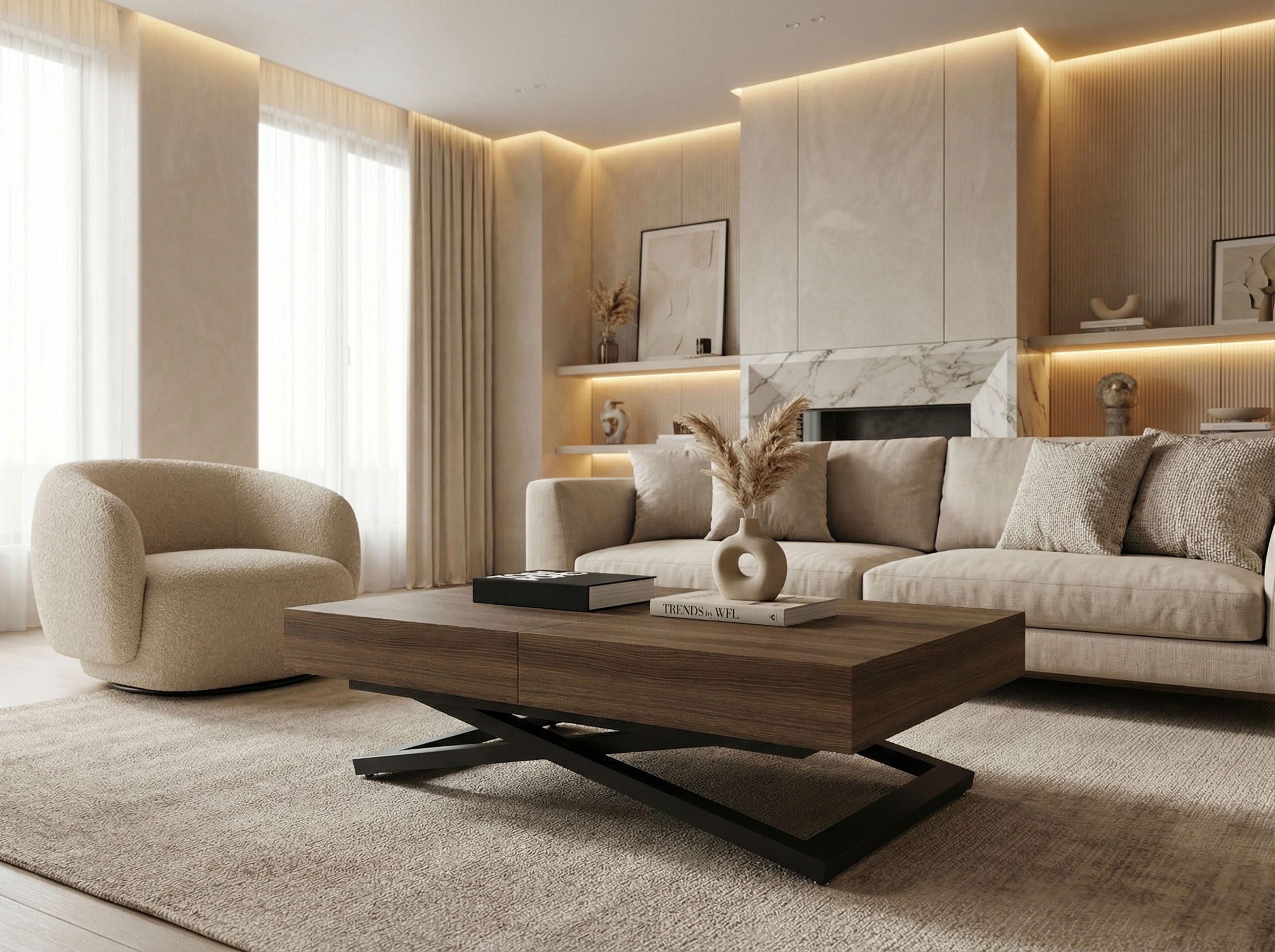 WFL GROUP Couchtisch Cavetta U höhenverstellbar ausziehbar mit schwarzen Metallbeinen (MADE IN EU, erhältlich in einer Größe – 120x80x27-76 cm, ausziehbar auf 200 cm), industrial Tisch in Holzoptik für Küche, Esszimmer oder Wohnzimmer