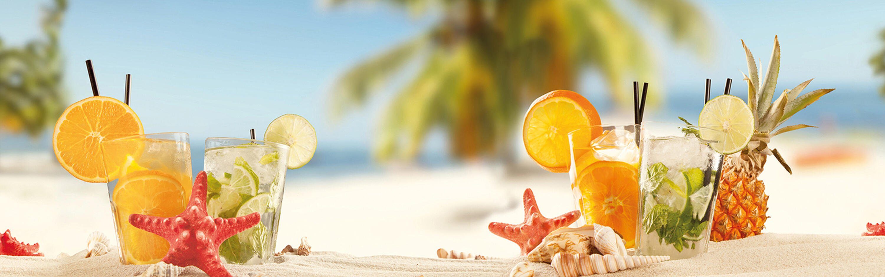 (1-tlg), Strand Nischenrückwand Cocktail Größen Premium wandmotiv24 Orange Limette, Küchenrückwand versch. Seestern Hartschaum in