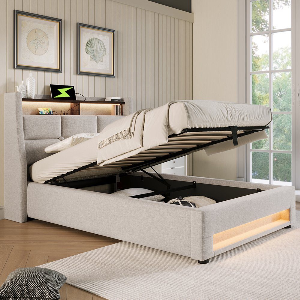 Polsterbett (Funktionsbett, 90x200 cm Hydraulisches Bett mit Lattenrost), Stauraumbett mit LED-Beleuchtung und USB-Anschluss, Baumwolle-Leinen