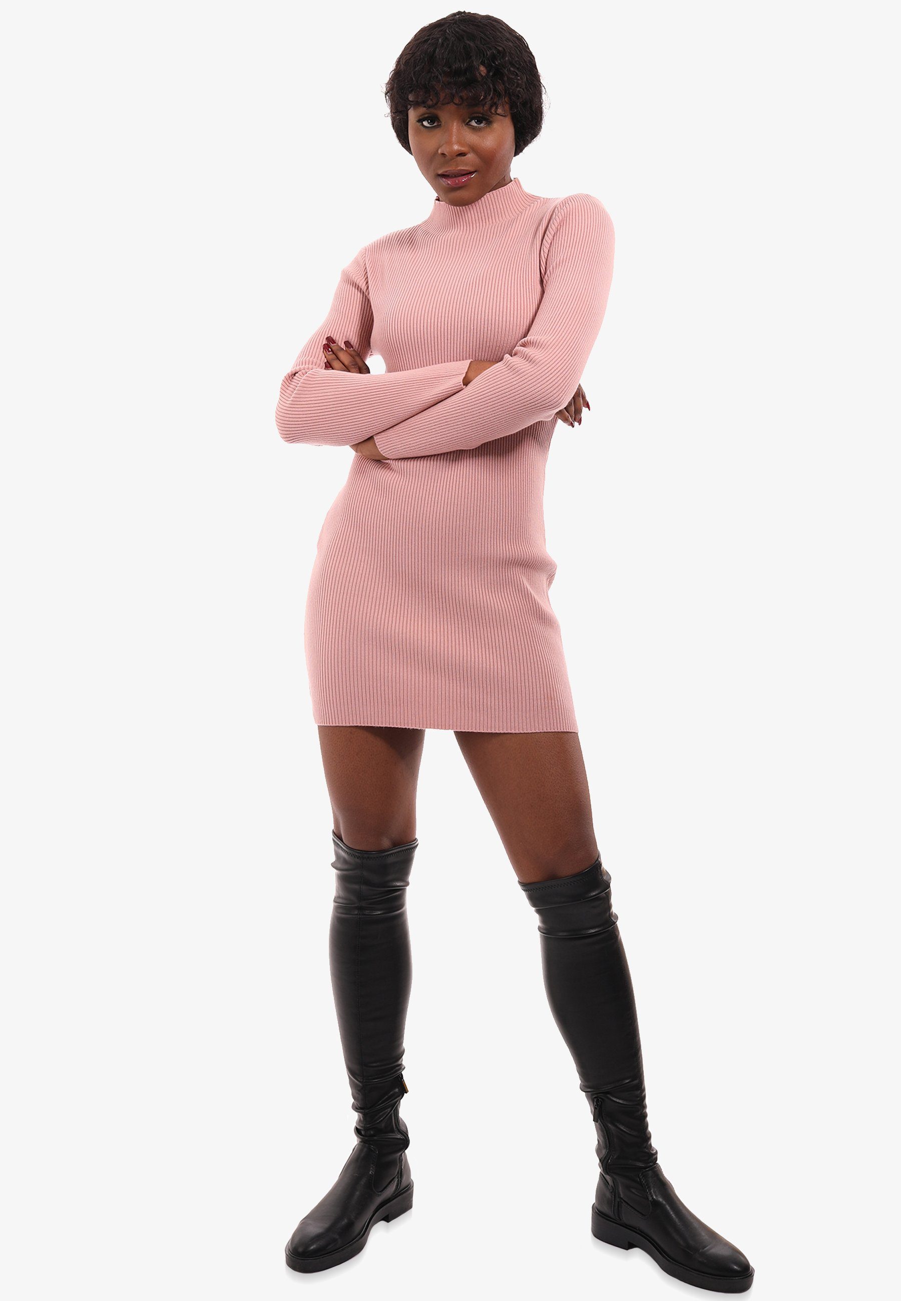 Unifarbe, Pullover Rippstrick Style Stehkragen in aus Fashion mit YC & (1-tlg) Longpullover rosa Basic