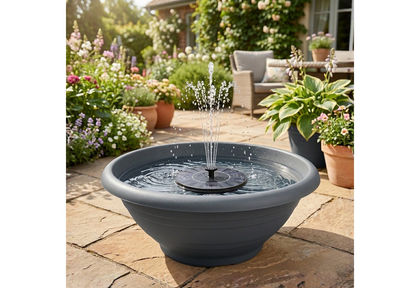 matches21 HOME & HOBBY Wasserspiel Solar Brunnen Set inkl. Akku - 50 cm Schale in grau, (2 tlg), Solar Springbrunnen und Brunnenschale als Gartendeko
