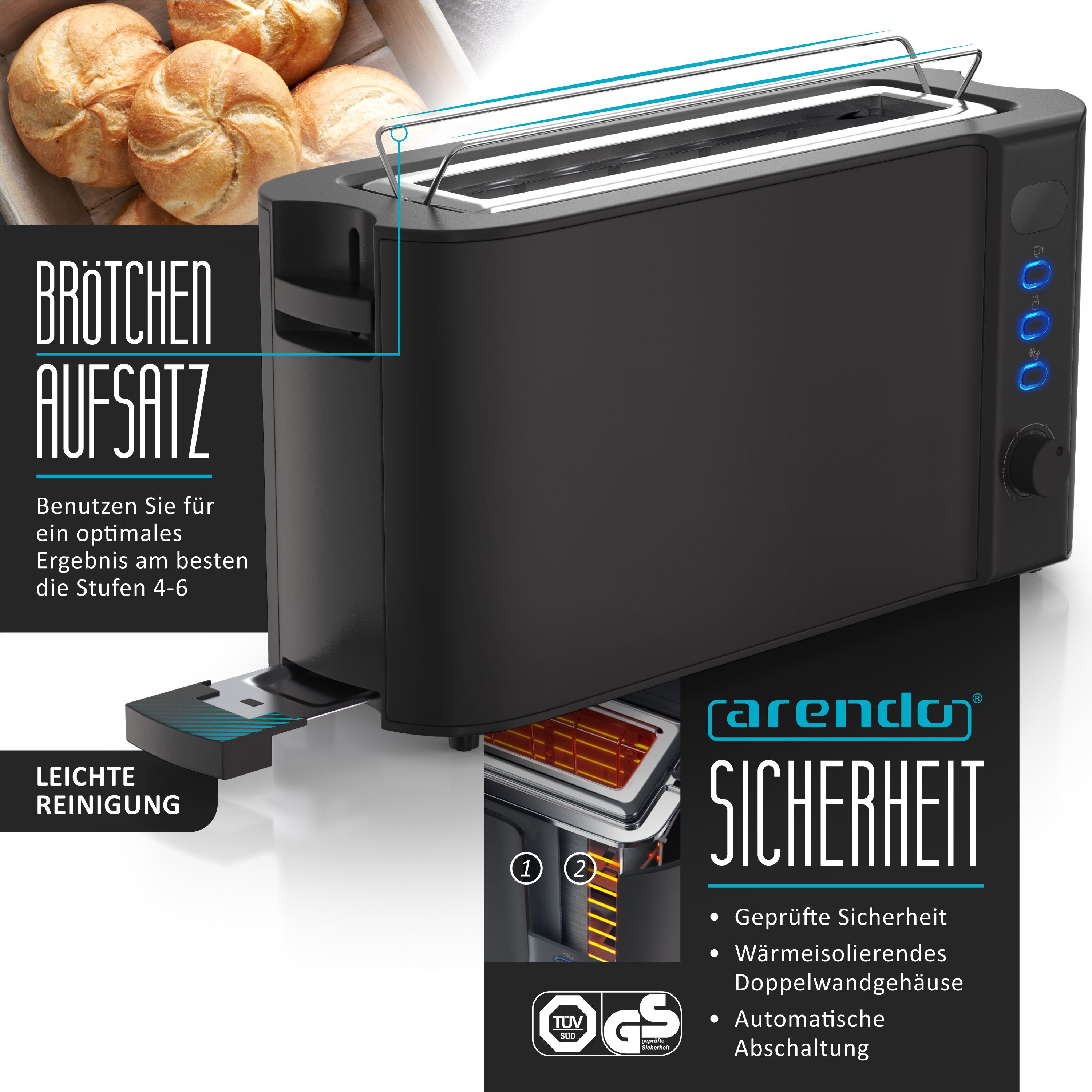 Arendo Frühstücks-Set Wasserkocher 1,5l & 2-Scheiben Langschlitz Toaster, Edelstahl, Schwarz (2-tlg), Wasserkocher mit Temperaturwahl, Toaster mit Brötchenaufsa – Bild 4 von 5