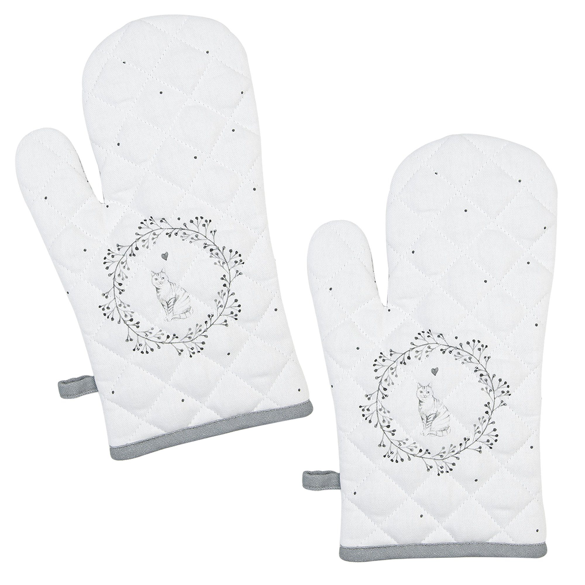 Clayre & Eef Topfhandschuhe Lovely Grey Cat, (Set, 2-tlg., 2-teilig), Ofenhandschuhe wattiert Größe: ca.18x30cm