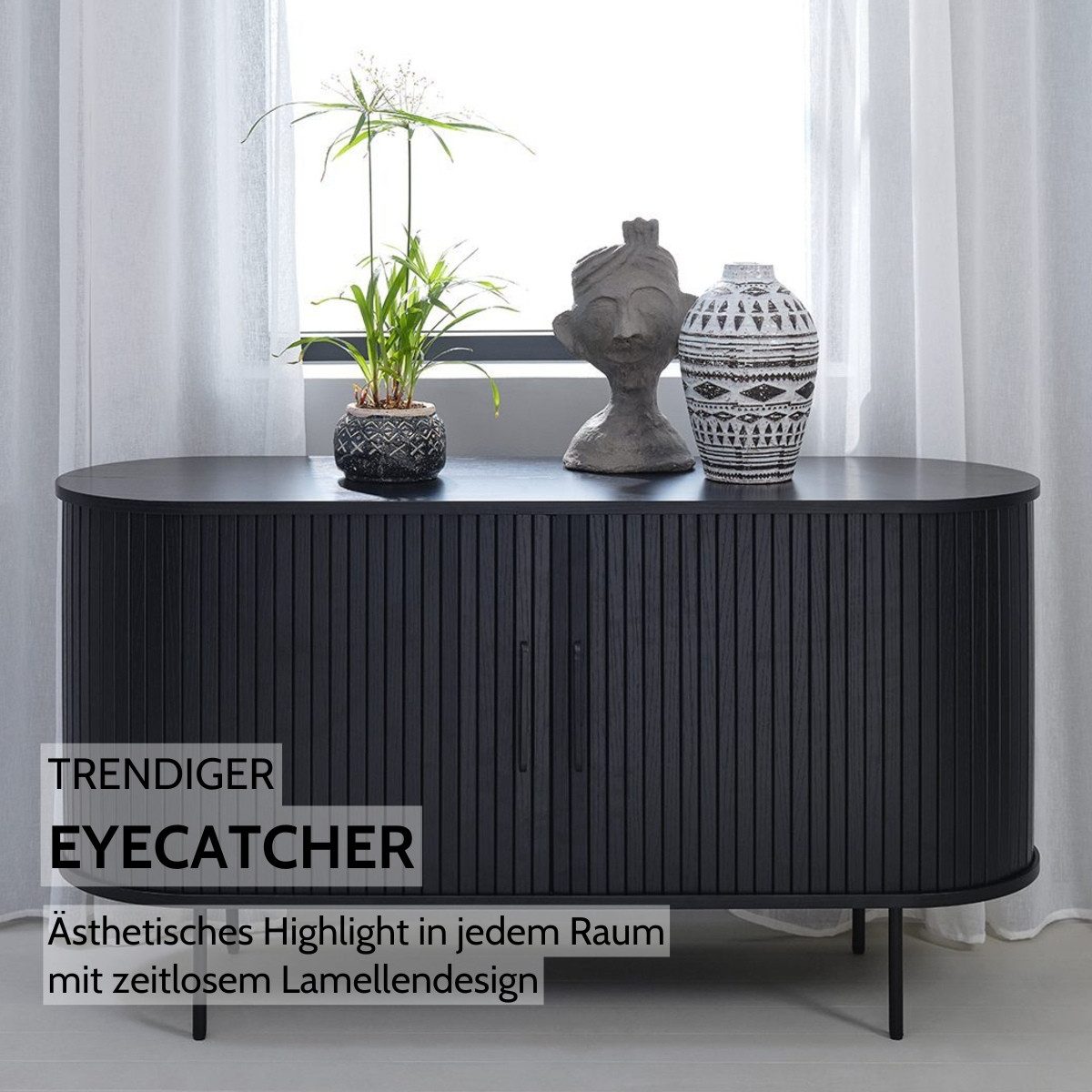 Liadomo Sideboard Uriel, Kommode, Stauraummöbel, 140 oder 180 cm Breite, Furnier in Echtholz, Schiebetüren, Lamellen-Optik, vier Farben