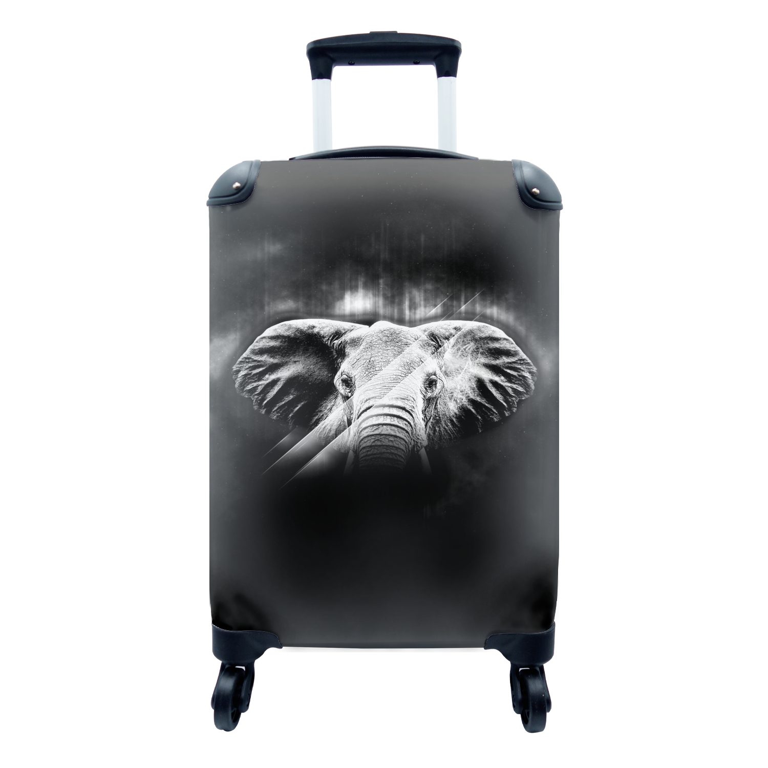 MuchoWow Handgepäckkoffer Elefant mit großen Ohren auf abstraktem Hintergrund - schwarz und weiß, 4 Rollen, Reisetasche mit rollen, Handgepäck für Ferien, Trolley, Reisekoffer