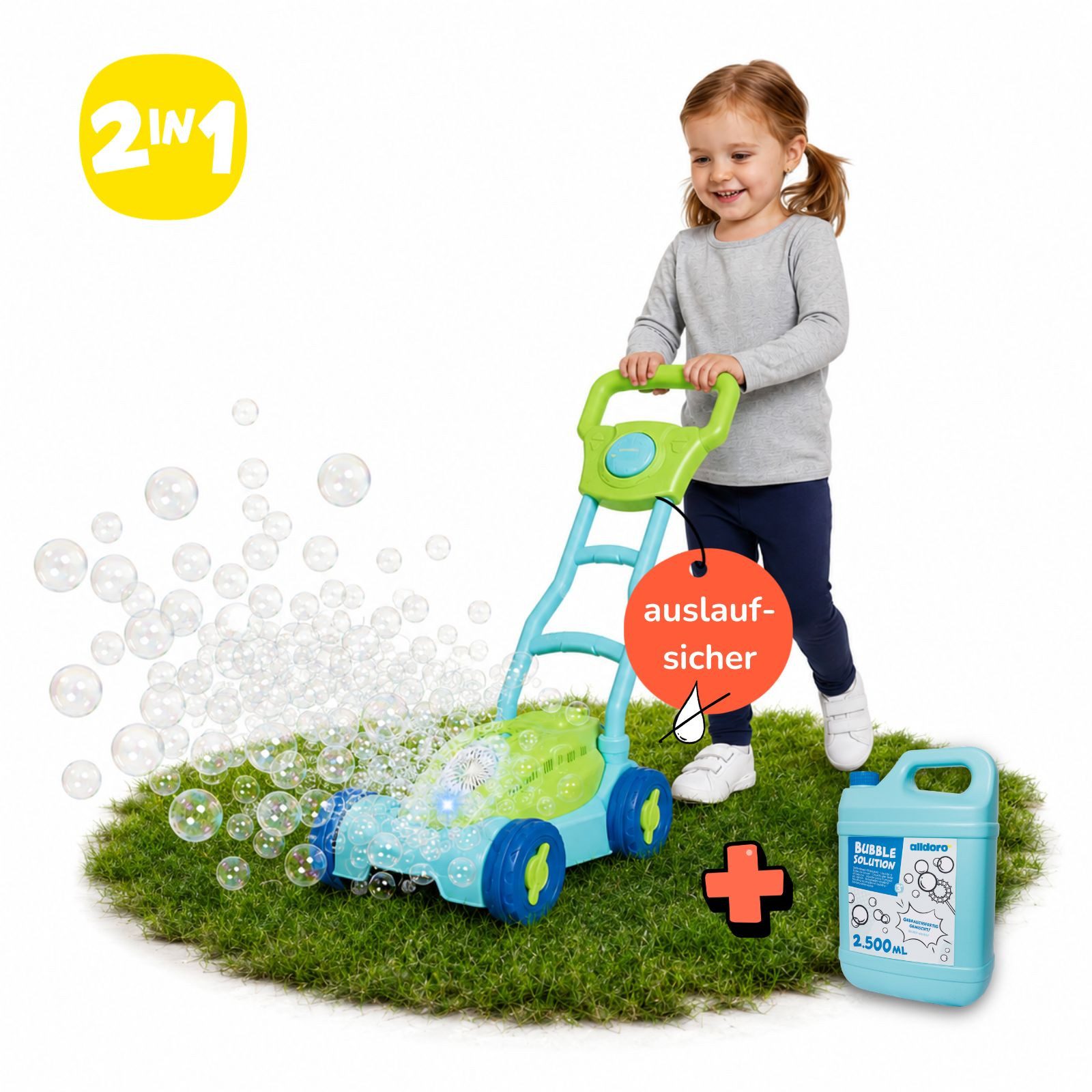 alldoro Seifenblasenspielzeug 2 in 1 Set: Seifenblasen-Rasenmäher mit 2,5L Nachfüllkanister, auslaufsicher, Licht & Hupe + XXL-Nachschub für Kinder ab 3 Jahren