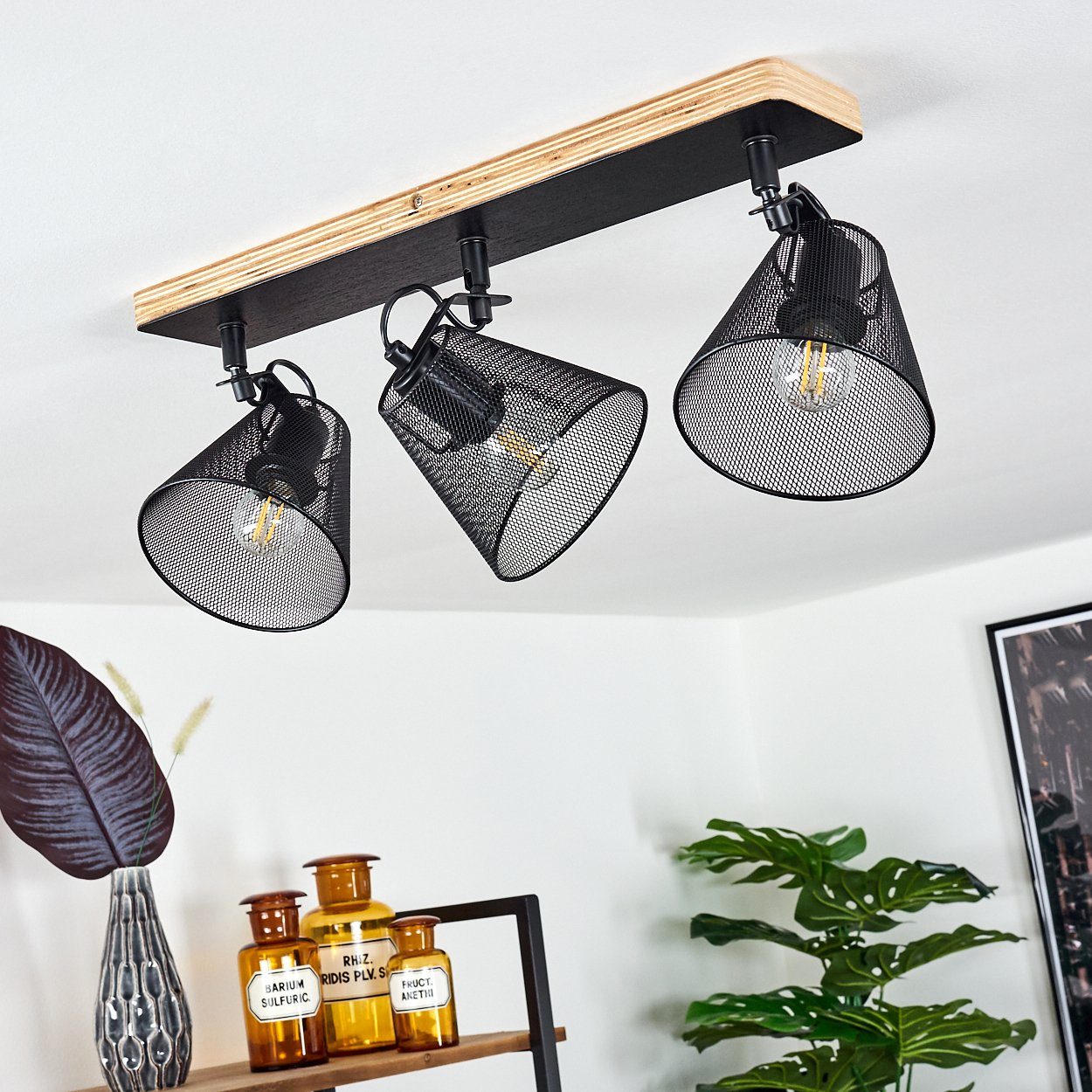 Leuchtmittel, E14, hofstein Metall schwarz Leuchtenköpfe »Tino« schwenkbar und aus Holz, Zimmerlampe, Deckenleuchte Wandlampe sind ohne