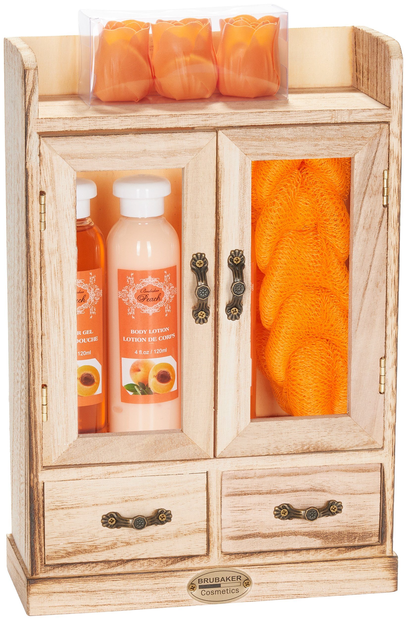 BRUBAKER Hautreinigungs-Set Bade- und Dusch Set, Beauty Set Pfirsich Duft, Badeset, 10-tlg., Damen Geschenkset im Vintage-Schränkchen