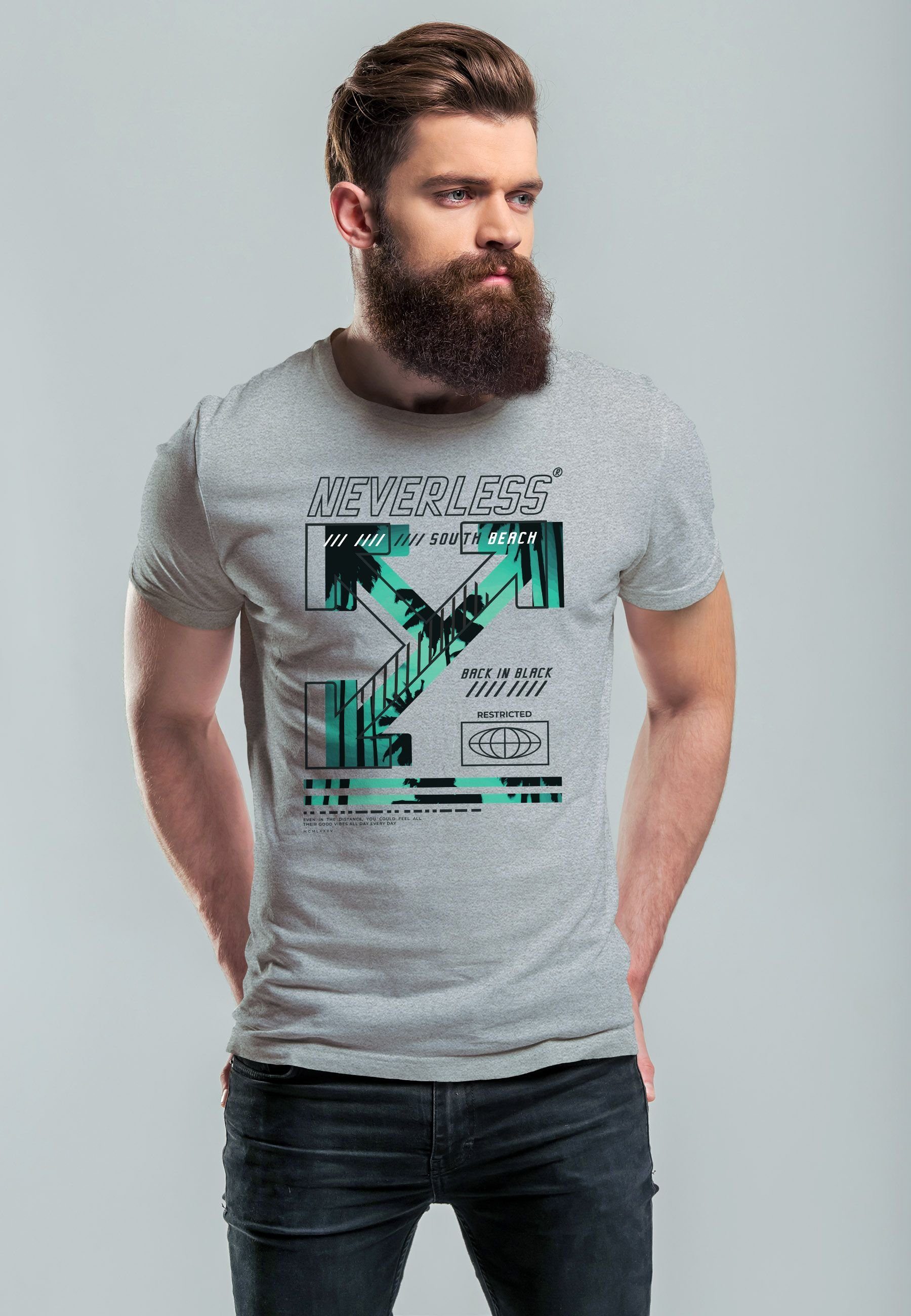 Beach Street Print South Techwear Herren Fashion Text mit Print-Shirt Neverless Aufdruck grau T-Shirt Print