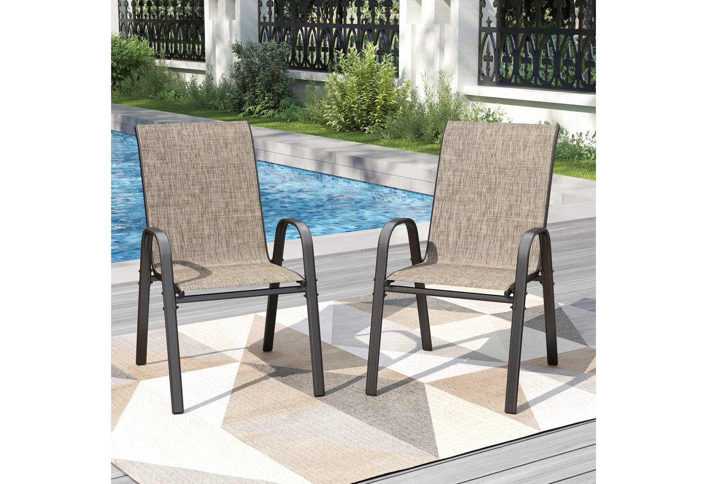 PHI VILLA Gartenstuhl (Gartensessel Stapelstühle Hochlehner, E-Lackierung Metallgestell für Hinterhof Veranda Terrasse Poolbereich, 2 St), 2er Set - 4er Set - 6er Set Wetterfest Terrassenstühle