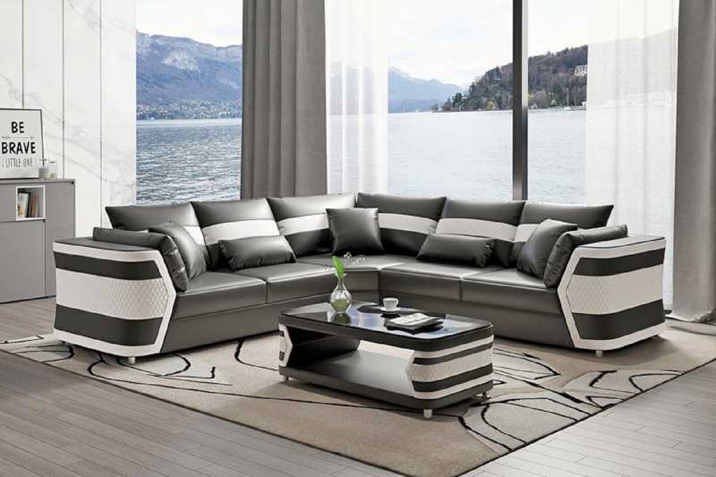 JVmoebel Ecksofa Luxus Ledersofa Ecksofa Couch Sofa Wohnzimmer Modern, 3 Teile, Made in Europe Grau