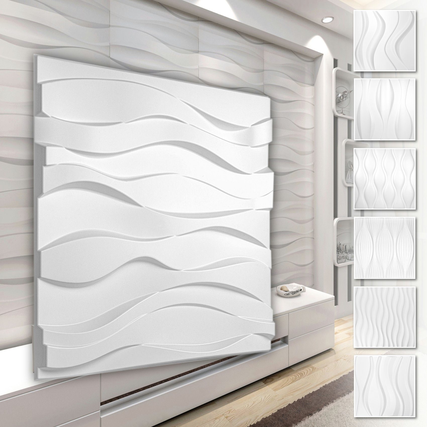 Hexim Wanddekoobjekt HD124 (PVC Kunststoff - weiße Wandverkleidung mit 3D Optik - Wave Motive (5 qm 20 Platten) Gaming Ideen Wohnzimmer kleben)