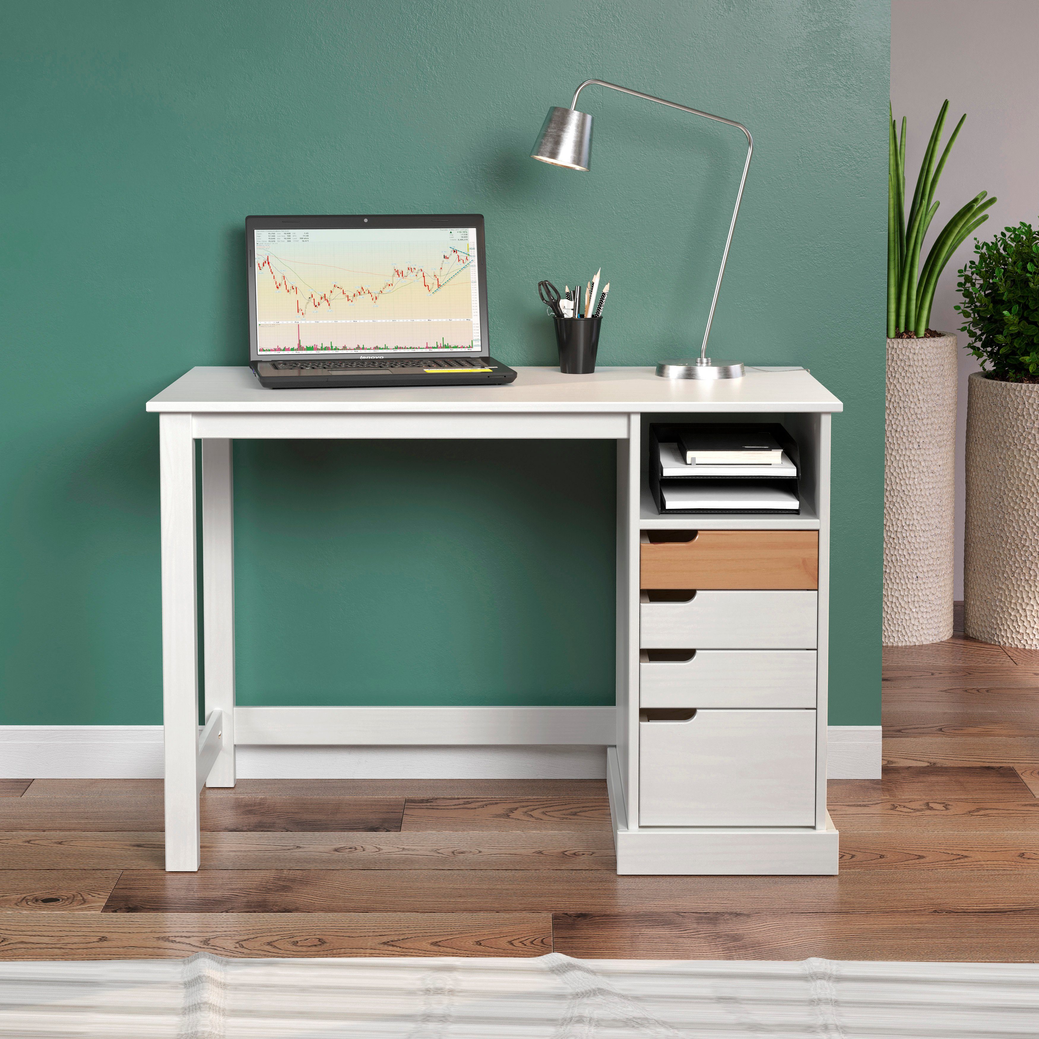 praktisch INTER-FURN Kiefernholz und Schreibtisch aus Weiß/Honigfarben Mestre, massivem